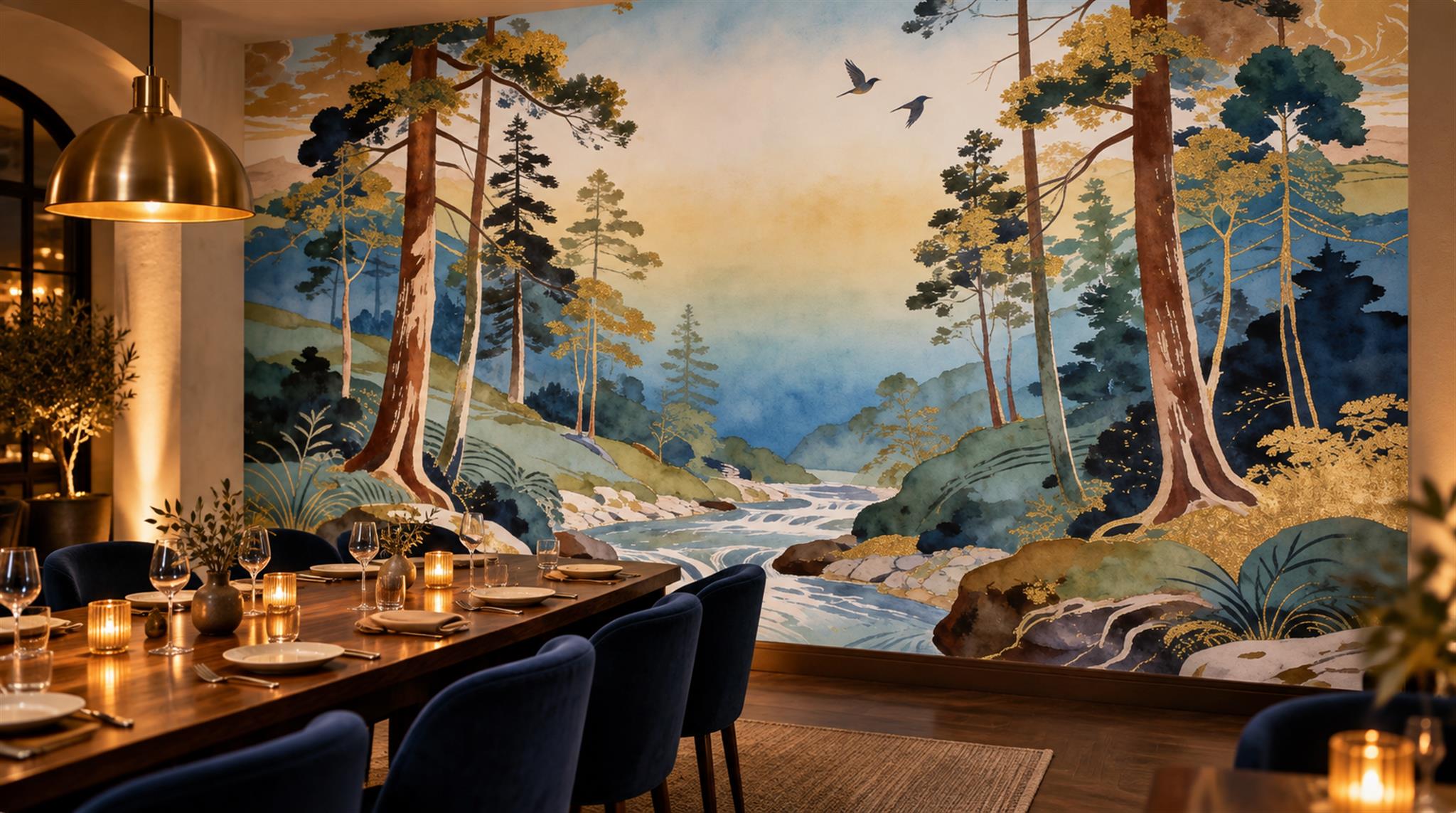 Neutral A Painterly Scenic View Textured Wallpaper Mural Dining-room-wallpaper-murals, Shown In A Dining Room, Peel-and-stick Finish