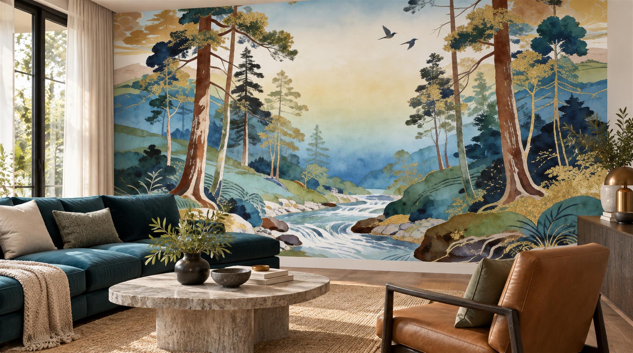 Neutral A Painterly Scenic View Textured Wallpaper Mural Living-room-wallpaper-murals, Shown In A Living Room, Peel-and-stick Finish