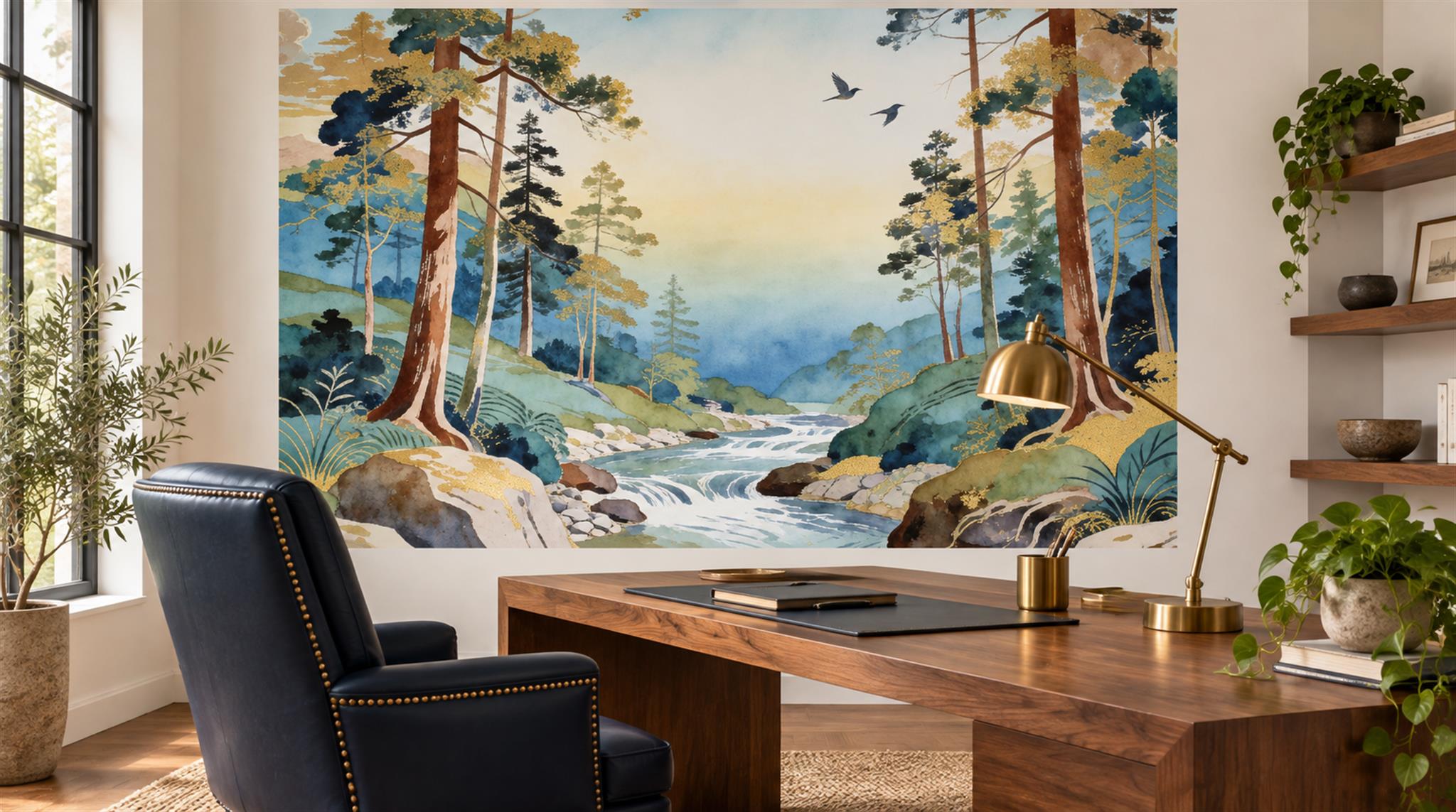 Neutral A Painterly Scenic View Textured Wallpaper Mural Home-office-wallpaper-murals, Shown In A Home Office, Peel-and-stick Finish