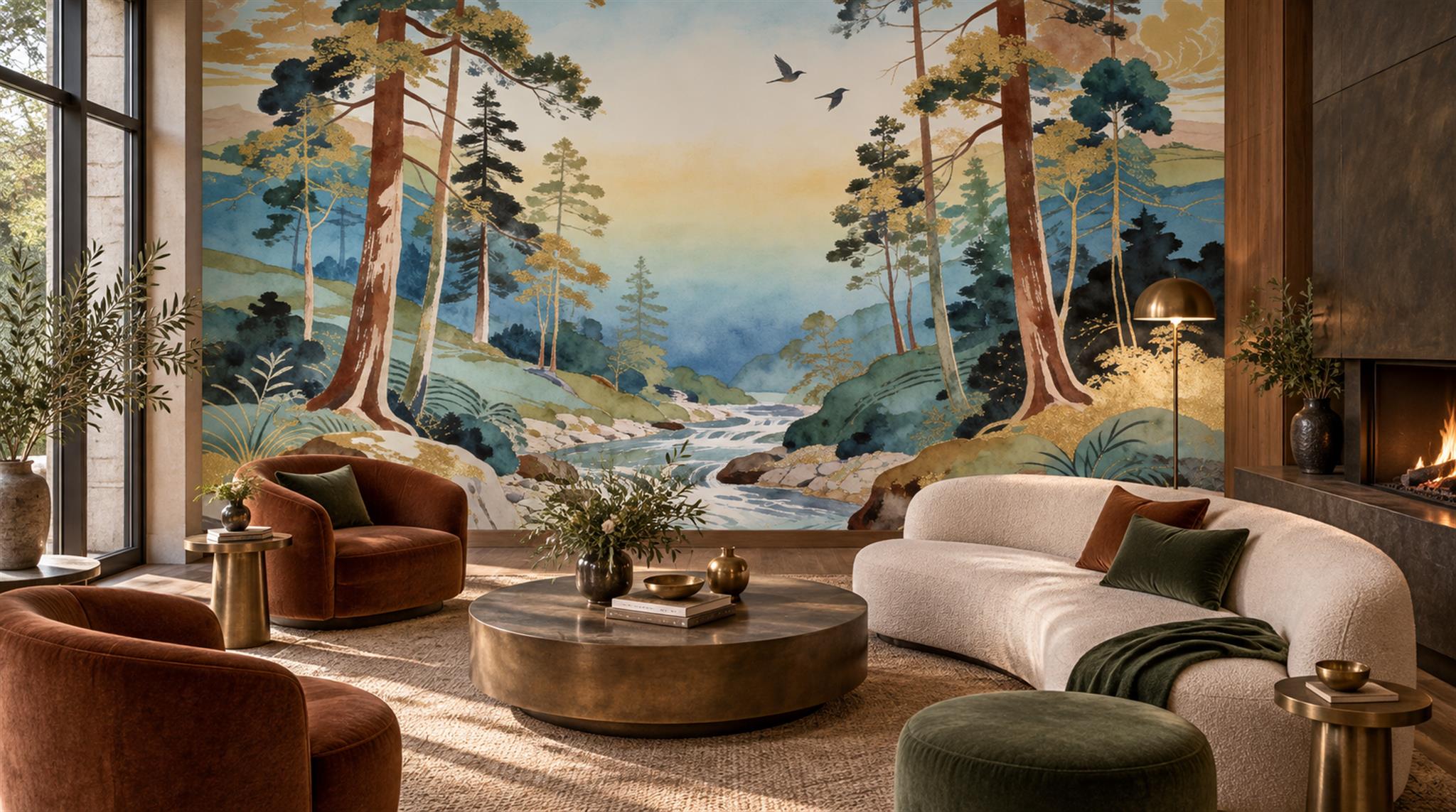 Neutral A Painterly Scenic View Textured Wallpaper Mural Accent-wall-wallpaper-murals, Peel-and-stick Finish