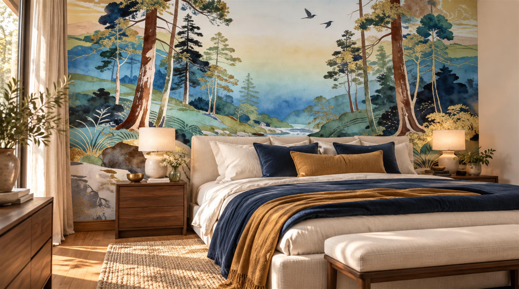 Neutral A Painterly Scenic View Textured Wallpaper Mural Bedroom-wallpaper-murals, Peel-and-stick Finish
