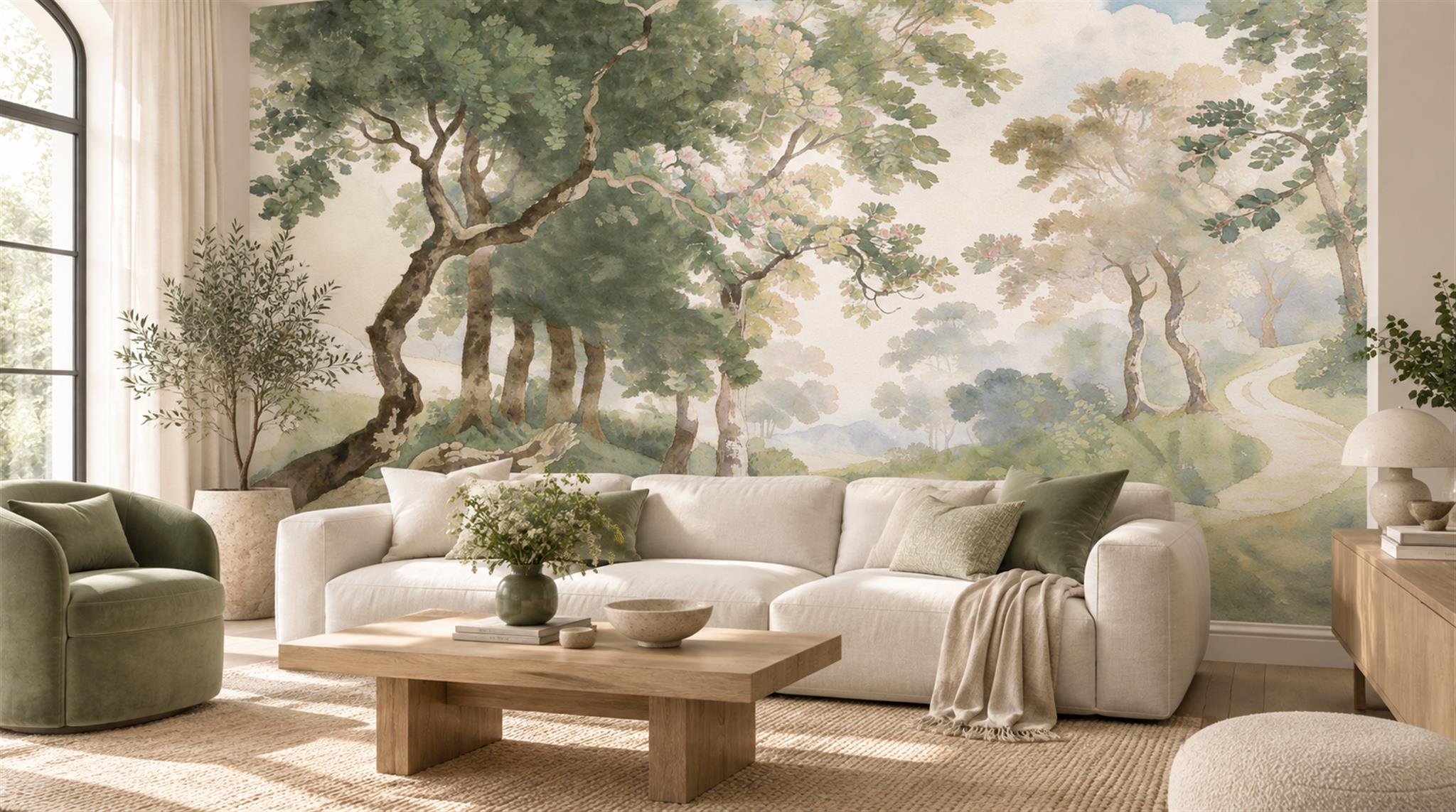 Watercolour Trees Beside A Quiet Garden Stream Wallpaper Mural — Wallpaper Mural Design, Peel-and-stick Finish