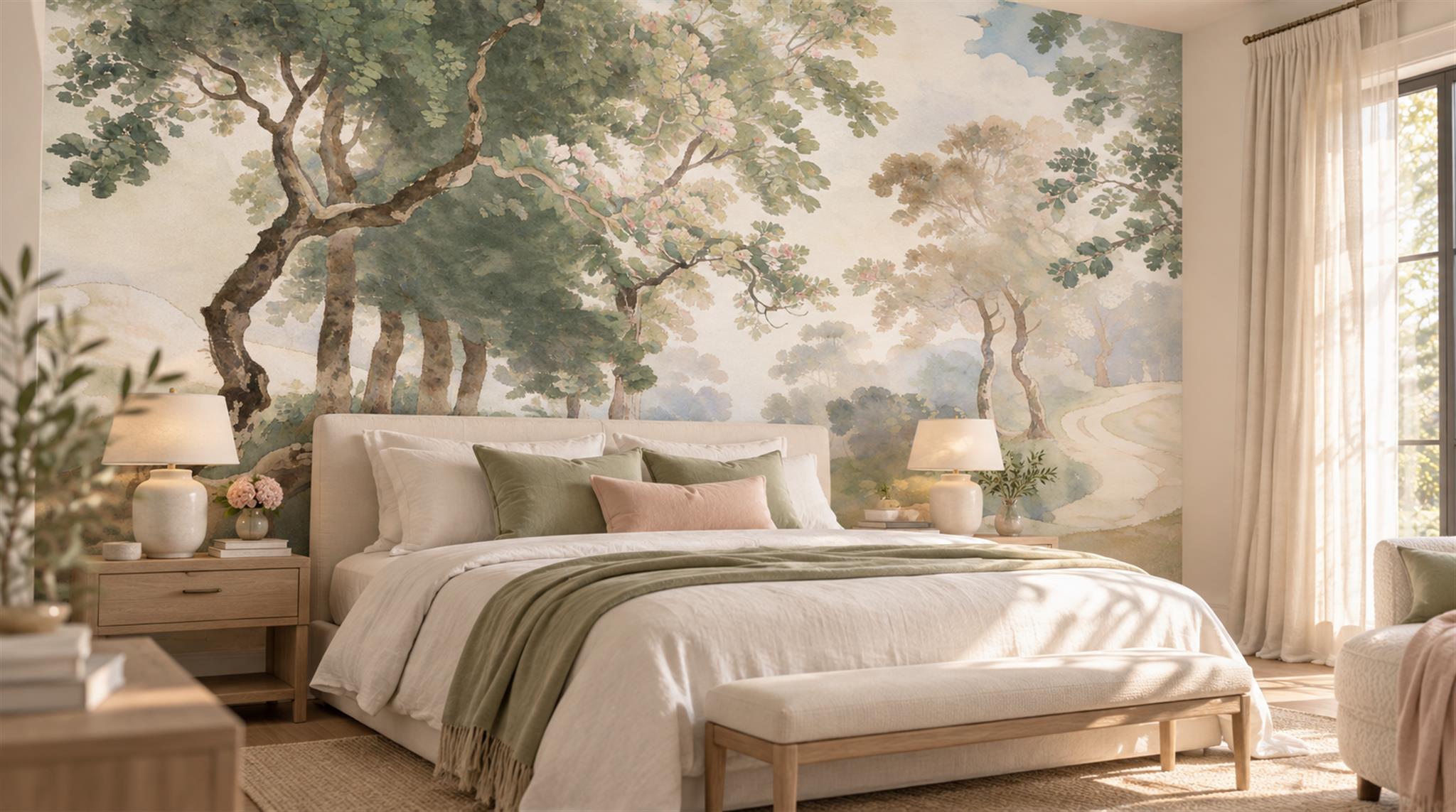 Ivory And Neutral Woodland Trees Wallpaper Mural Bedroom-wallpaper-murals, Peel-and-stick Finish