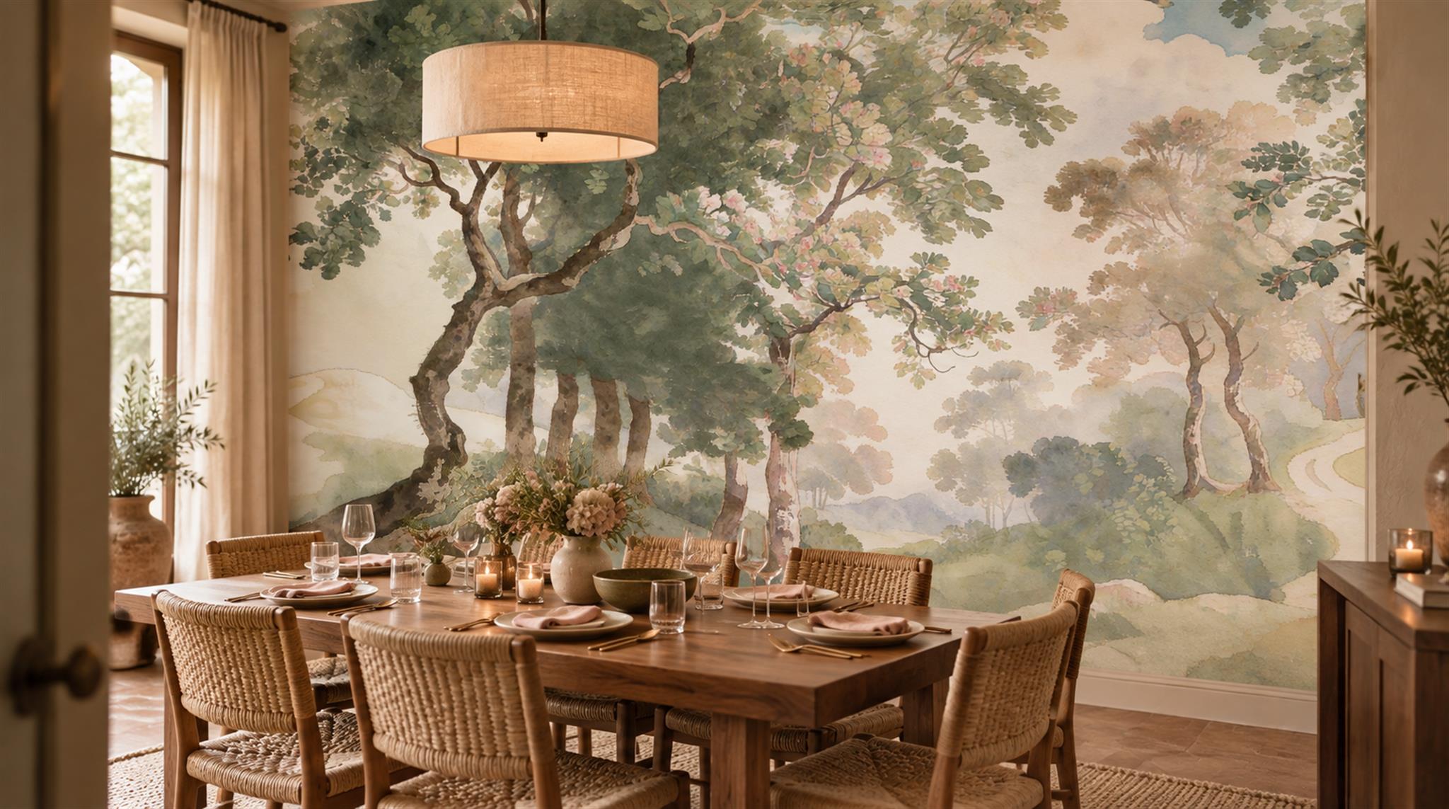 Ivory And Neutral Woodland Trees Wallpaper Mural Dining-room-wallpaper-murals, Shown In A Dining Room, Peel-and-stick Finish