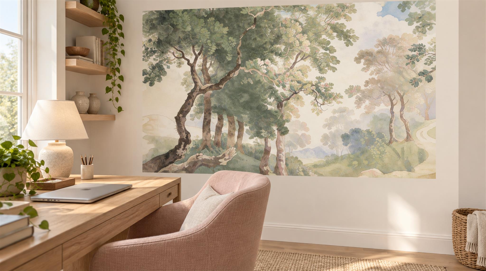 Ivory And Neutral Woodland Trees Wallpaper Mural Home-office-wallpaper-murals, Shown In A Home Office, Peel-and-stick Finish