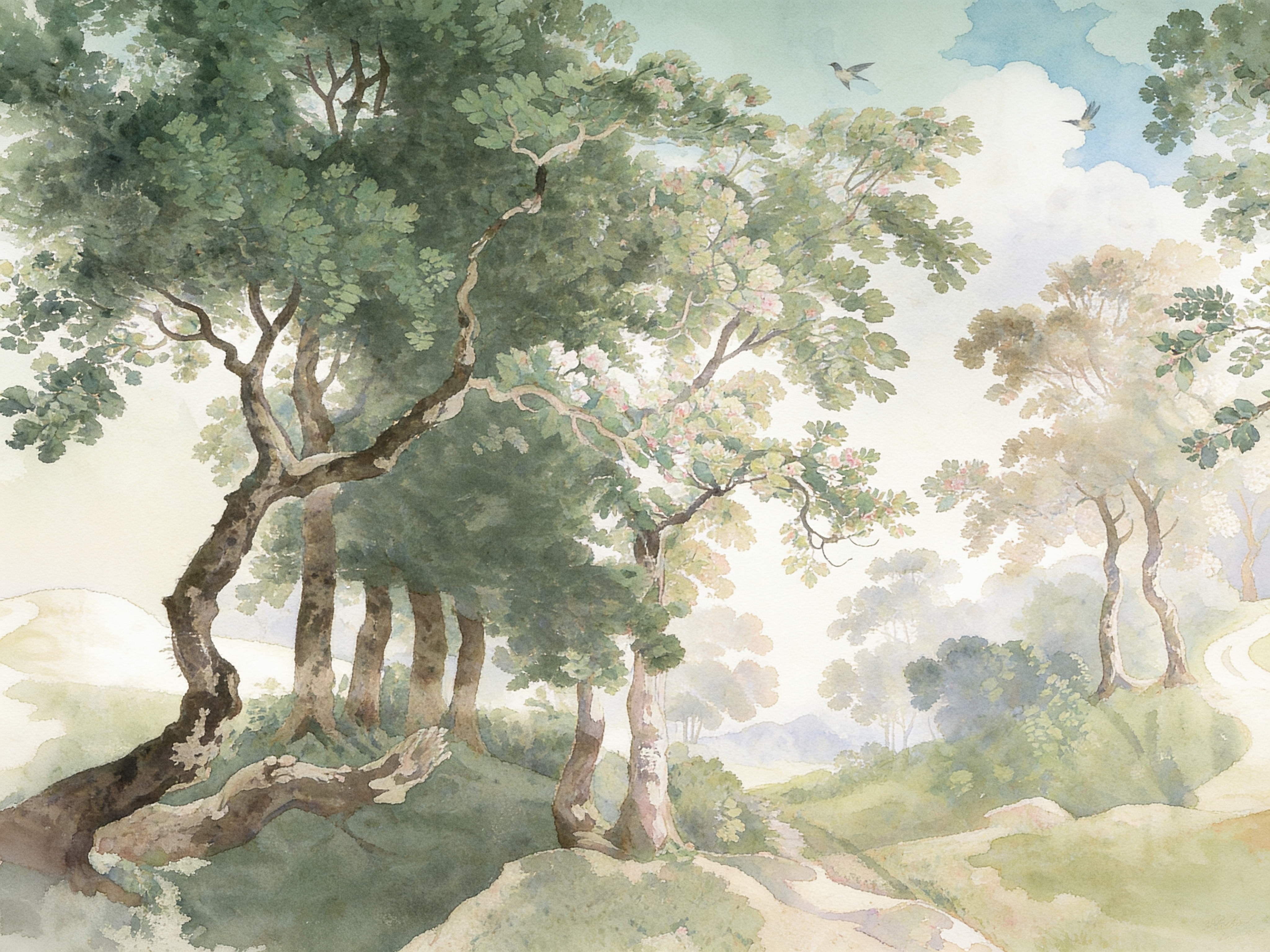 Ivory And Neutral Woodland Trees Wallpaper Mural, Peel-and-stick Finish