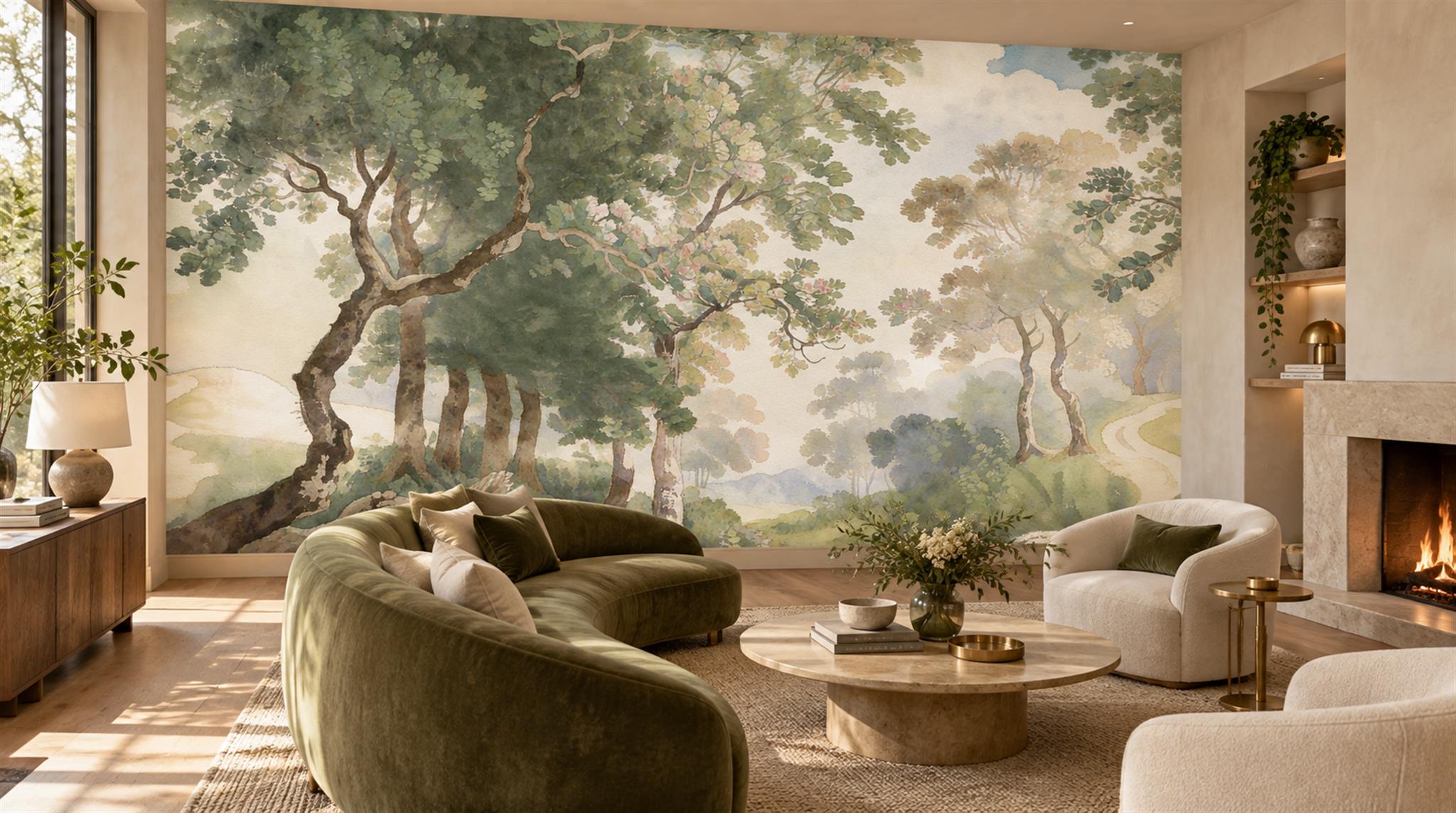 Ivory And Neutral Woodland Trees Wallpaper Mural Living-room-wallpaper-murals, Peel-and-stick Finish
