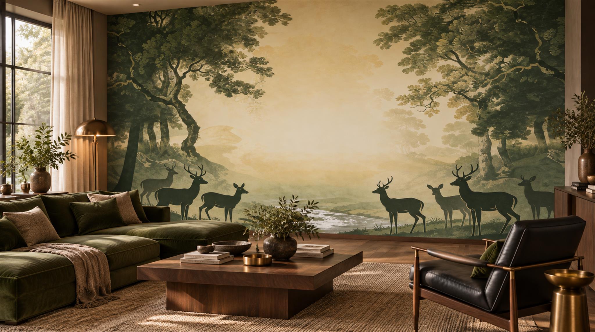 Deer Beneath Framing Trees By A Stream Wallpaper Mural — Wallpaper Mural Design, Peel-and-stick Finish