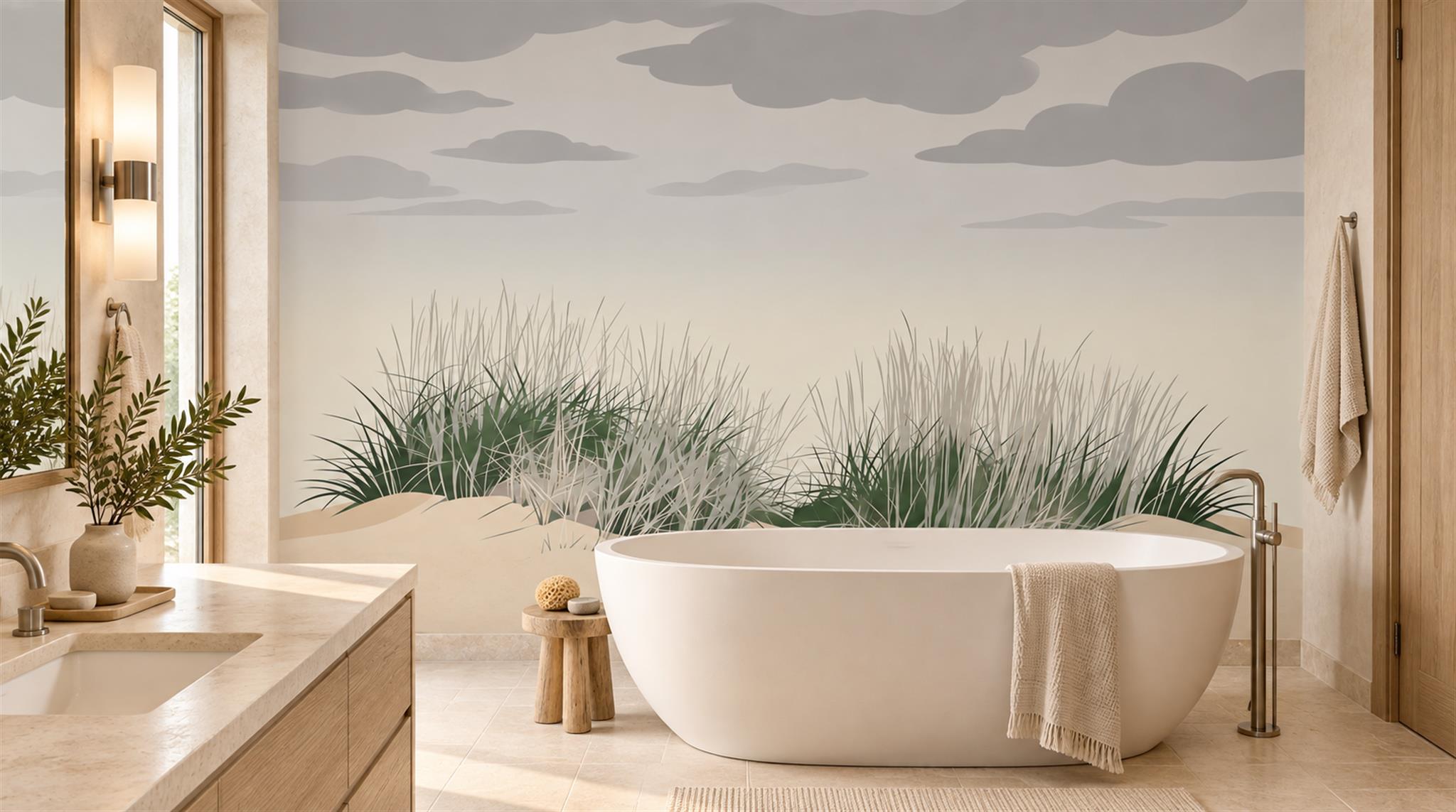 Grey And Neutral Abstract Forms Organic Wallpaper Mural Feature-wall-wallpaper-murals, Peel-and-stick Finish