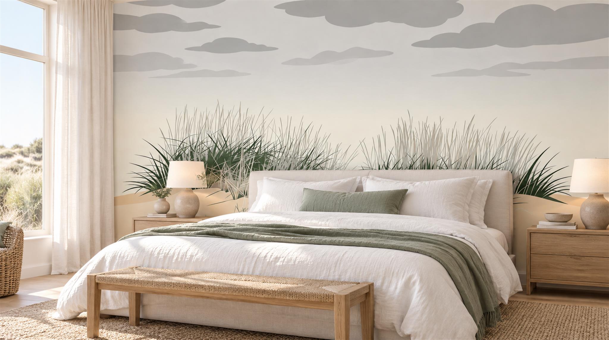 Grasses Beneath A Layered Cloud Sky Wallpaper Mural — Installed Wallpaper Mural In A Bedroom, Peel-and-stick Finish