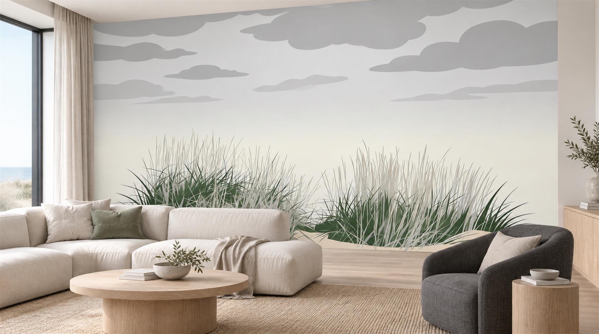 Grey And Neutral Abstract Forms Organic Wallpaper Mural Living-room-wallpaper-murals, Peel-and-stick Finish