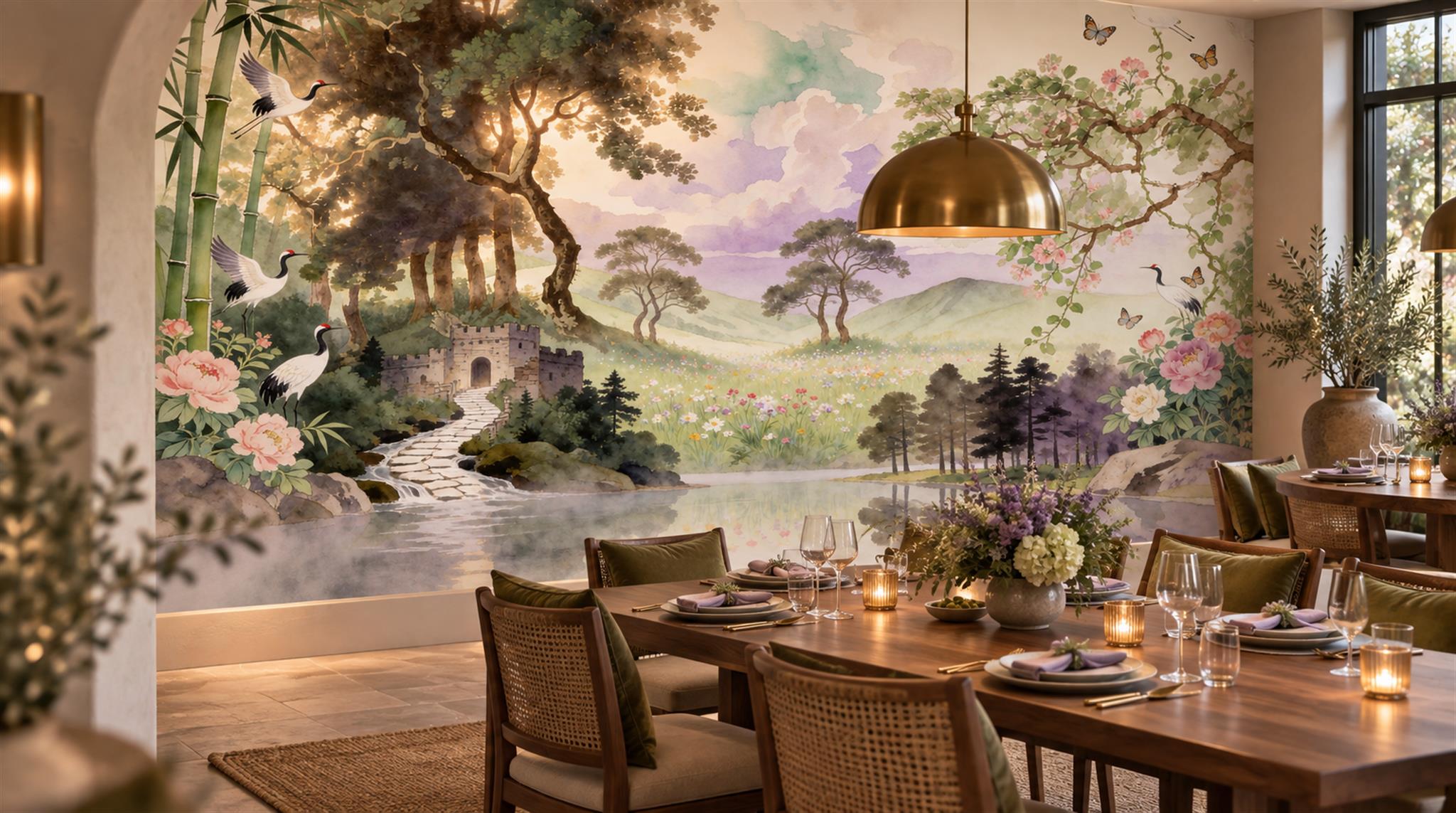 Soft Pastel And Neutral Abstract Forms Wallpaper Textured Wallpaper Dining-room-wallpaper-murals, Shown In A Dining Room, Peel-and-stick Finish