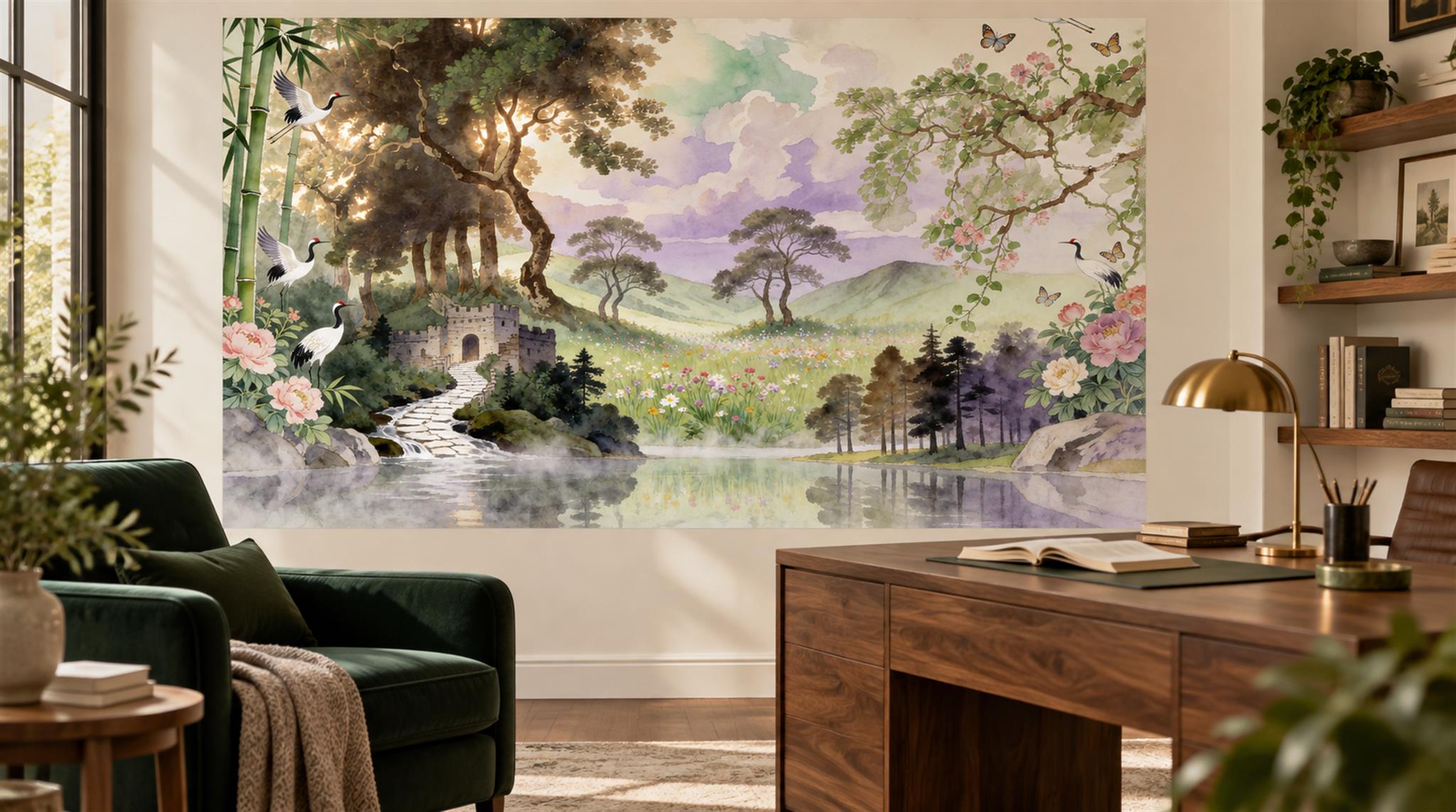 Soft Pastel And Neutral Abstract Forms Wallpaper Textured Wallpaper Home-office-wallpaper-murals, Shown In A Home Office, Peel-and-stick Finish