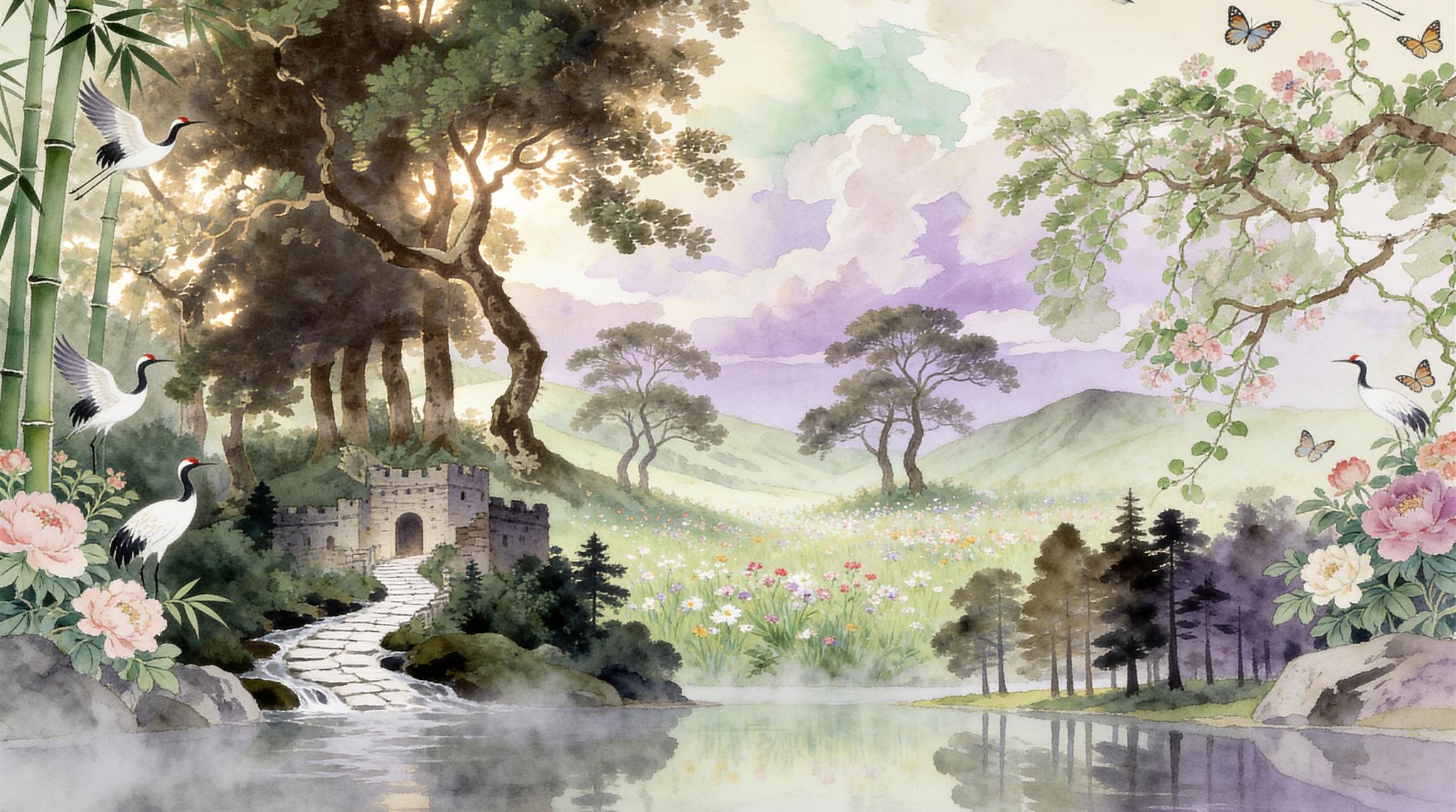 Cranes And Bamboo Beside A Garden Lake Wallpaper Mural — Wallpaper Mural Design, Peel-and-stick Finish