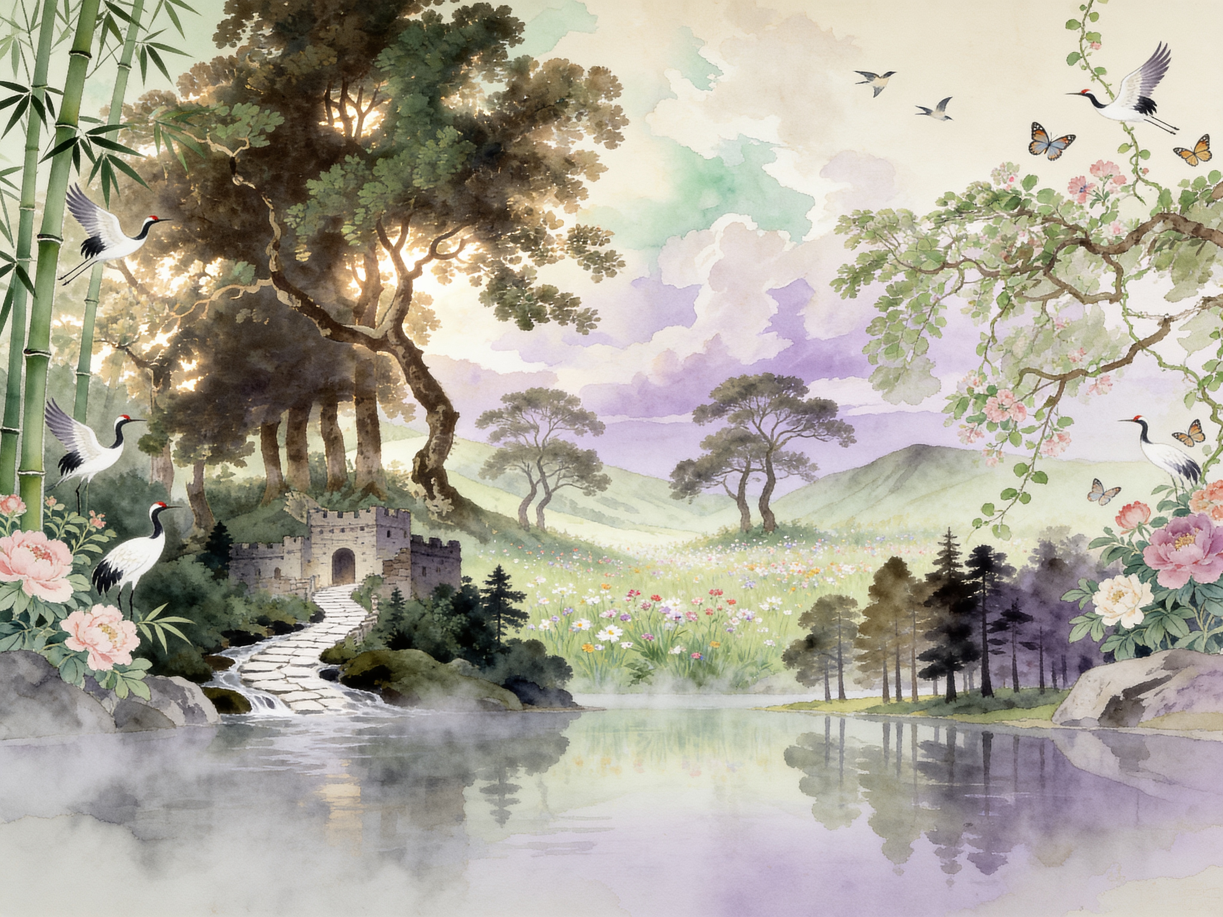 Flat scenic mural artwork with cranes trees flowering branches and landscape for corridor crop discussion