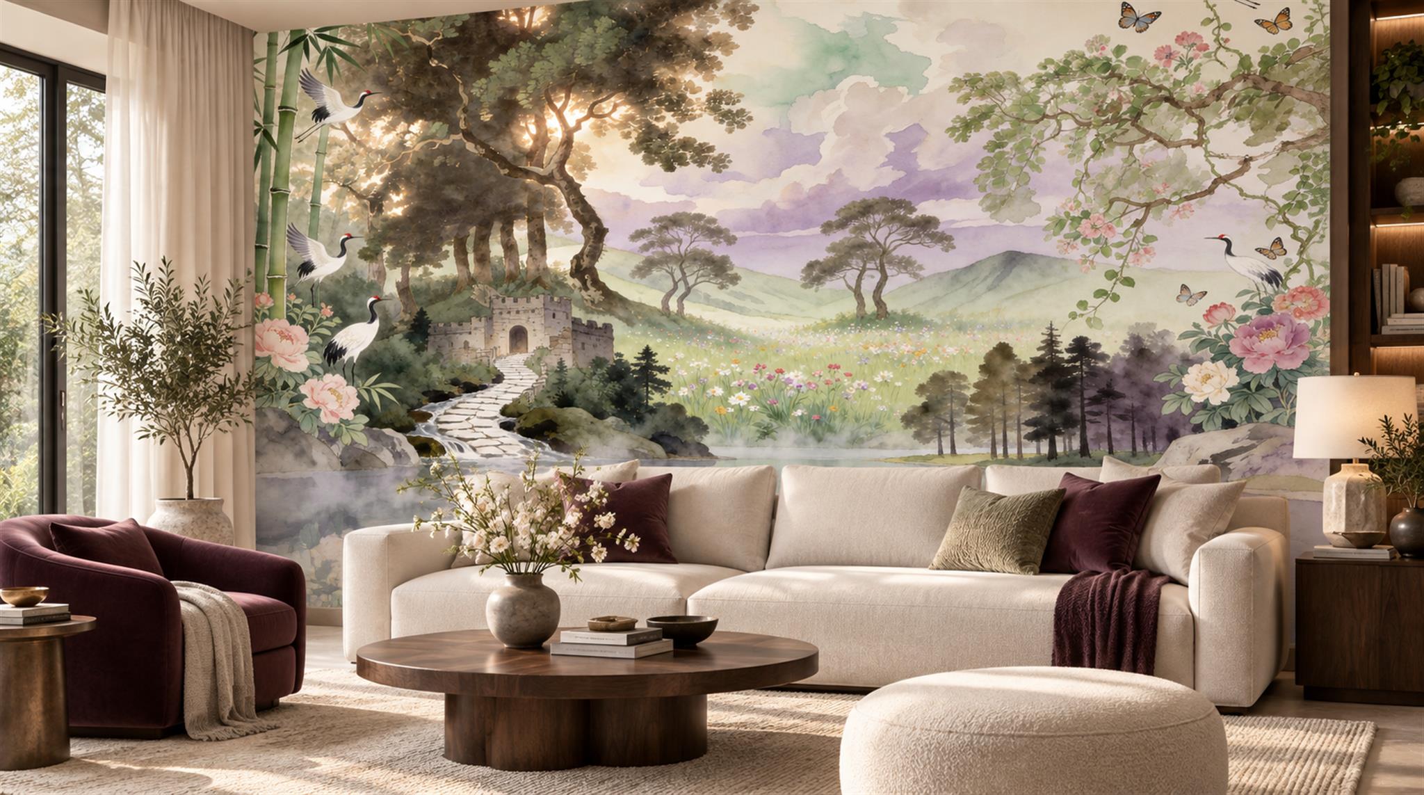 Soft Pastel And Neutral Abstract Forms Wallpaper Textured Wallpaper Living-room-wallpaper-murals, Shown In A Living Room, Peel-and-stick Finish