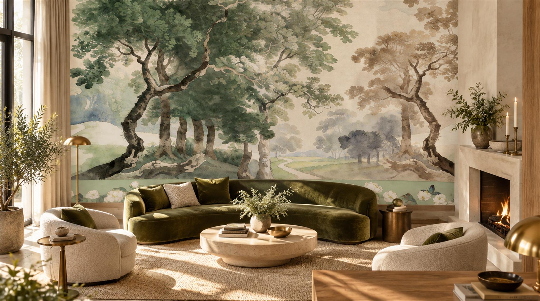 Ivory And Neutral A Painterly Scenic View Atmospheric Wallpaper Feature-wall-wallpaper-murals, Peel-and-stick Finish