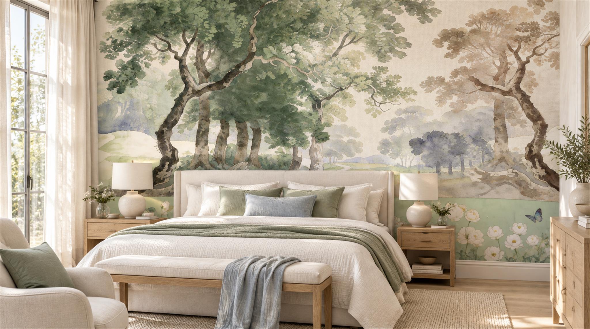 Ivory And Neutral A Painterly Scenic View Atmospheric Wallpaper Bedroom-wallpaper-murals, Peel-and-stick Finish