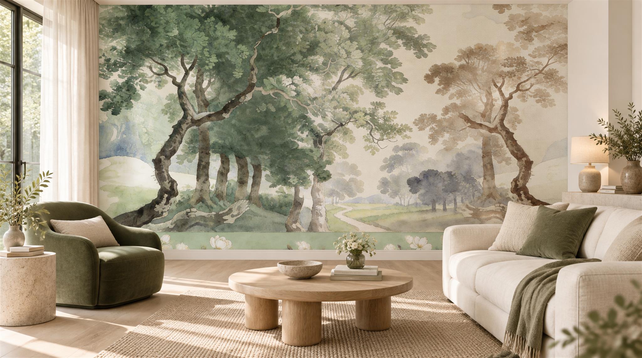 Ivory And Neutral A Painterly Scenic View Atmospheric Wallpaper Living-room-wallpaper-murals, Shown In A Living Room, Peel-and-stick Finish