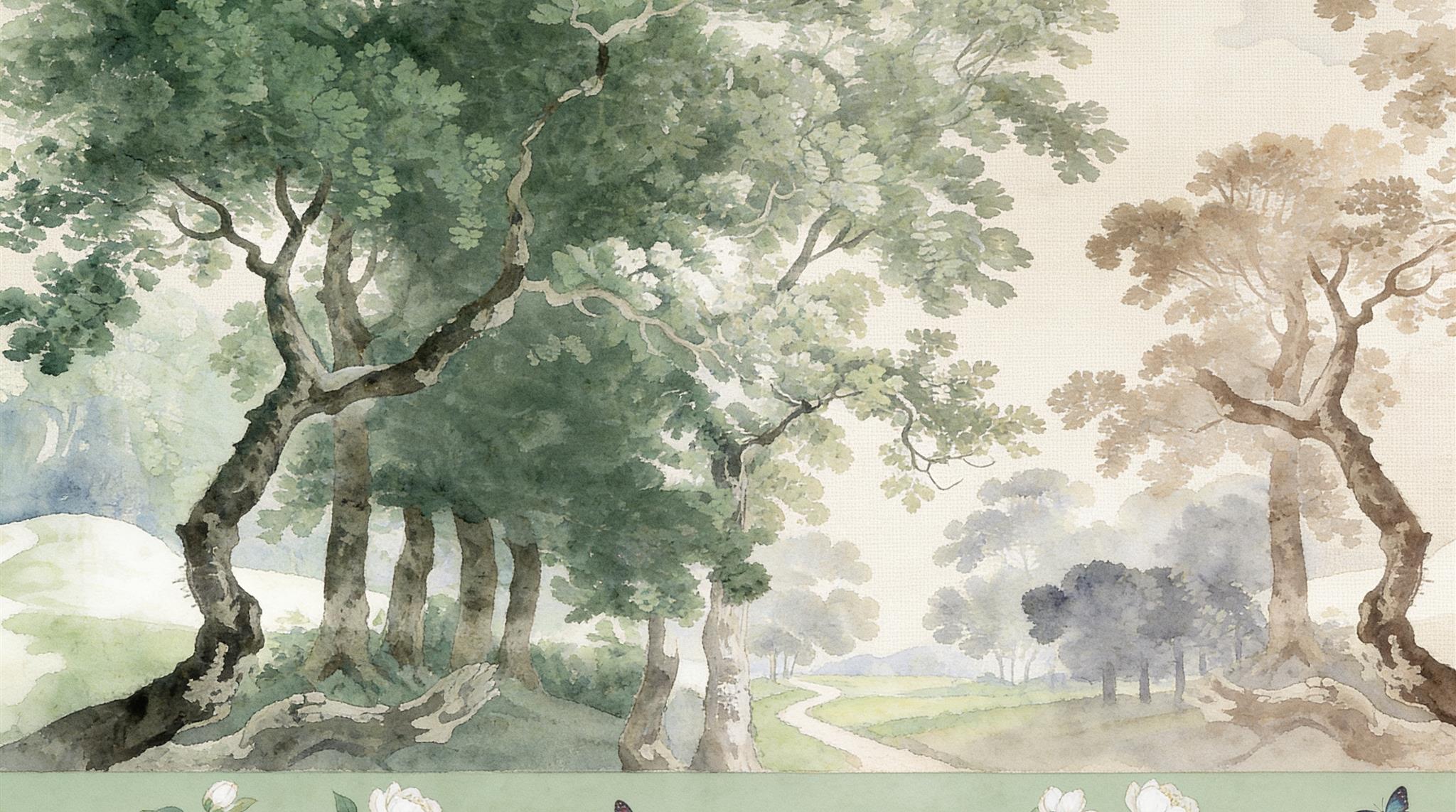 Watercolour Woodland With Blossom And Bird Border Wallpaper Mural — Wallpaper Mural Design, Peel-and-stick Finish