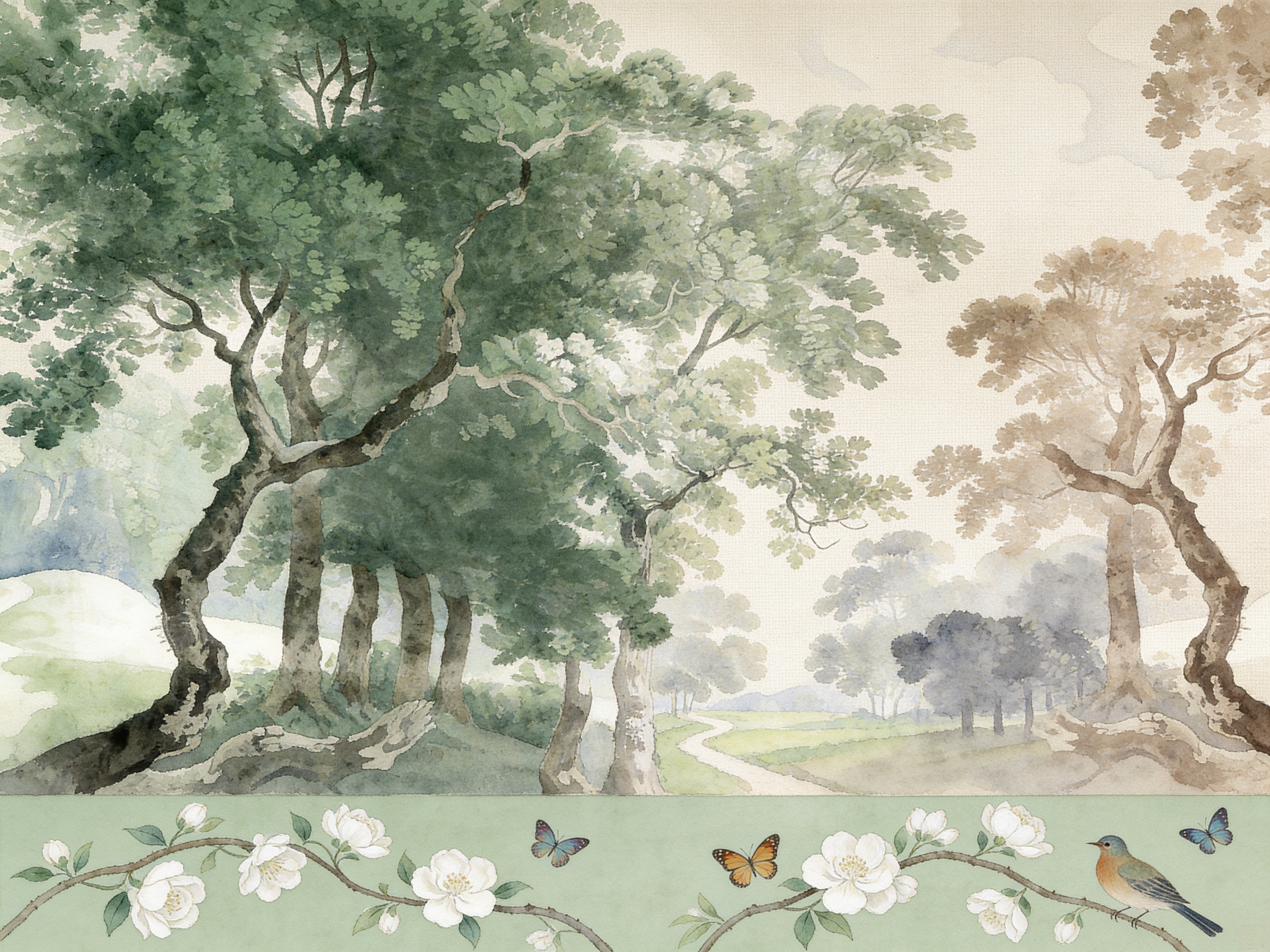 Ivory And Neutral A Painterly Scenic View Atmospheric Wallpaper, Peel-and-stick Finish