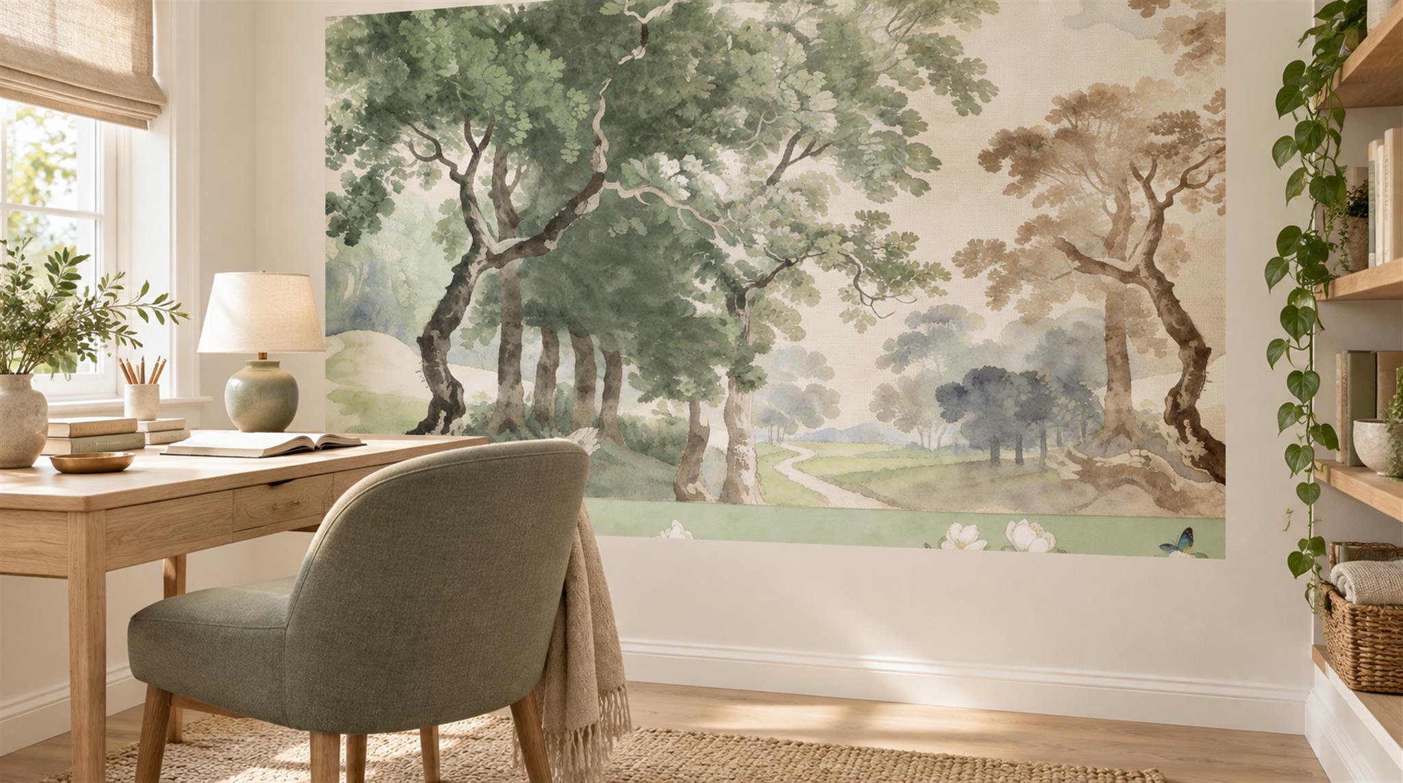 Ivory And Neutral A Painterly Scenic View Atmospheric Wallpaper Home-office-wallpaper-murals, Shown In A Home Office, Peel-and-stick Finish