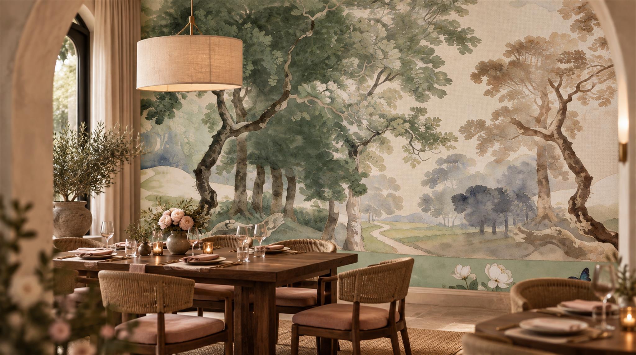 Ivory And Neutral A Painterly Scenic View Atmospheric Wallpaper Accent-wall-wallpaper-murals, Peel-and-stick Finish