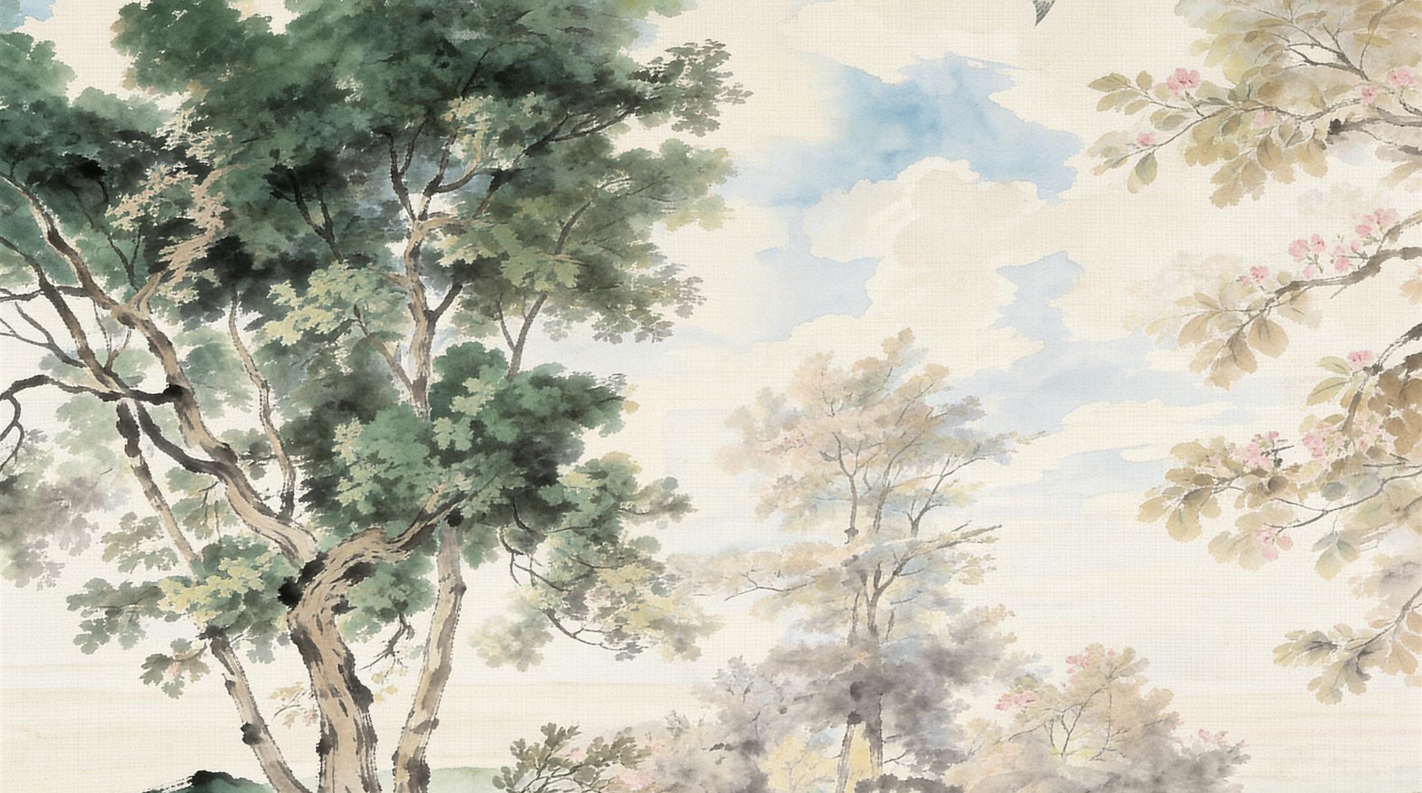 Blue And Neutral A Painterly Scenic View Decorative Wallpaper, Peel-and-stick Finish