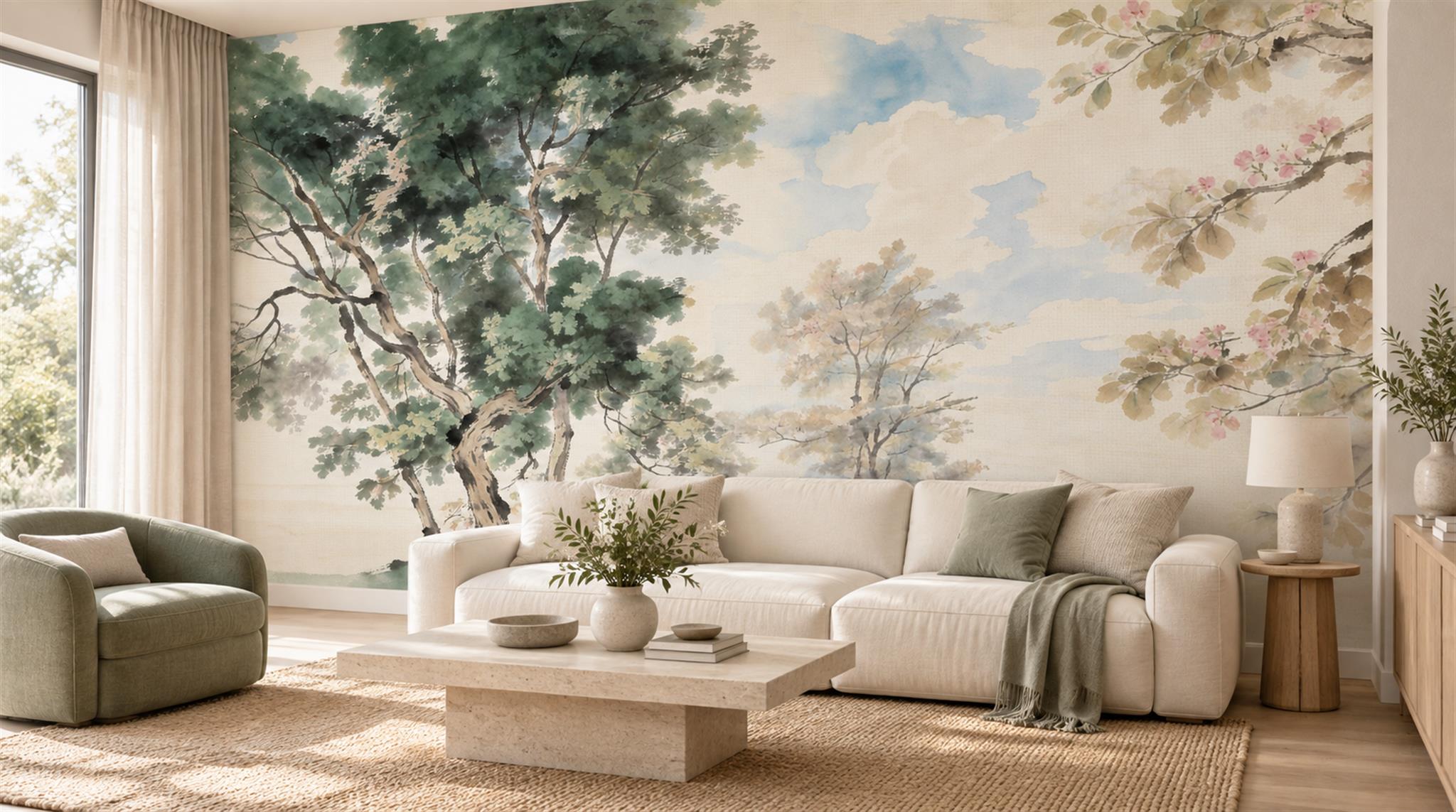 Blue And Neutral A Painterly Scenic View Decorative Wallpaper Living-room-wallpaper-murals, Shown In A Living Room, Peel-and-stick Finish