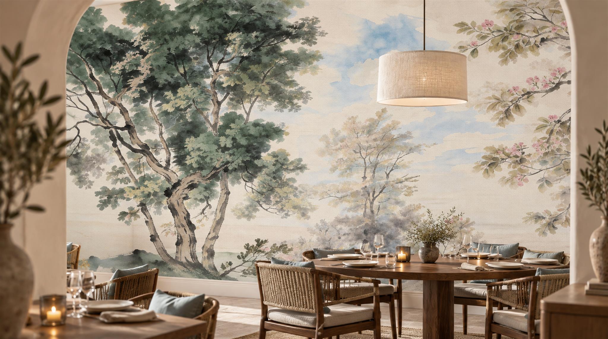 Blue And Neutral A Painterly Scenic View Decorative Wallpaper Dining-room-wallpaper-murals, Shown In A Dining Room, Peel-and-stick Finish