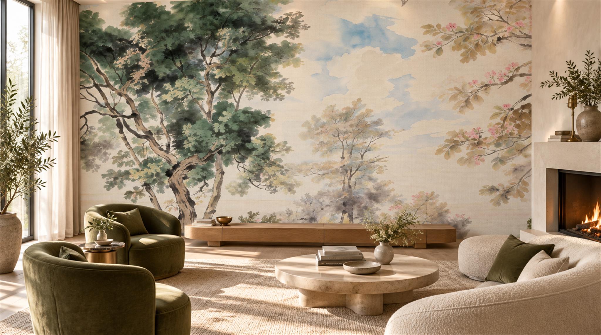 Blue And Neutral A Painterly Scenic View Decorative Wallpaper Accent-wall-wallpaper-murals, Peel-and-stick Finish