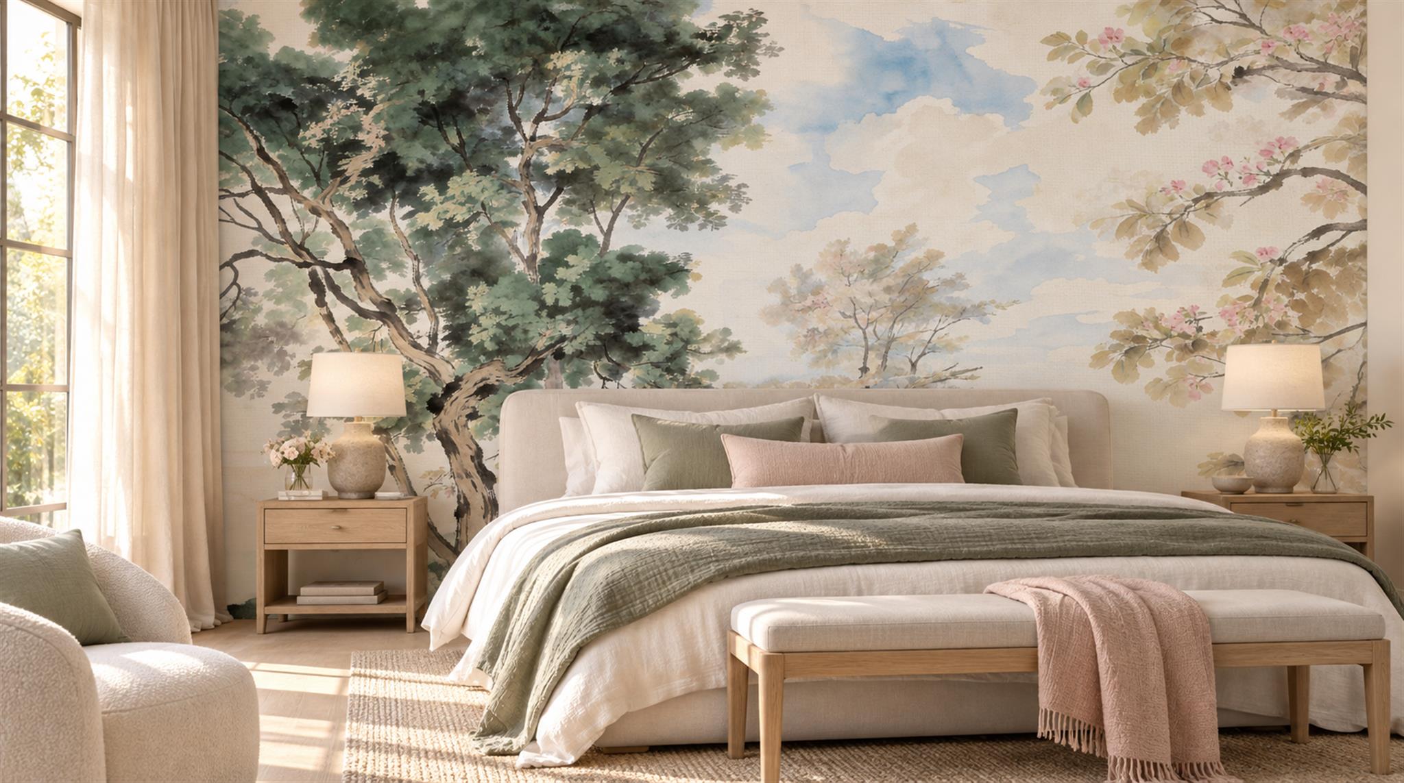 Blue And Neutral A Painterly Scenic View Decorative Wallpaper Bedroom-wallpaper-murals, Peel-and-stick Finish