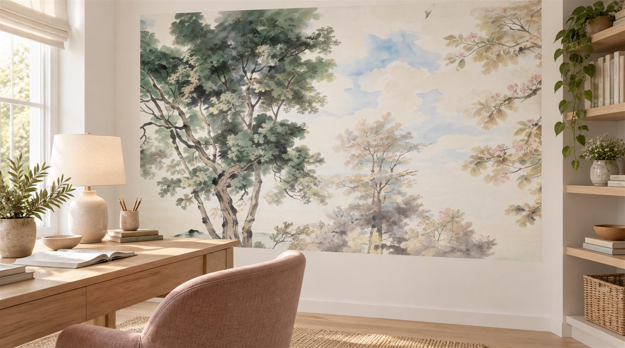 Blue And Neutral A Painterly Scenic View Decorative Wallpaper Home-office-wallpaper-murals, Shown In A Home Office, Peel-and-stick Finish