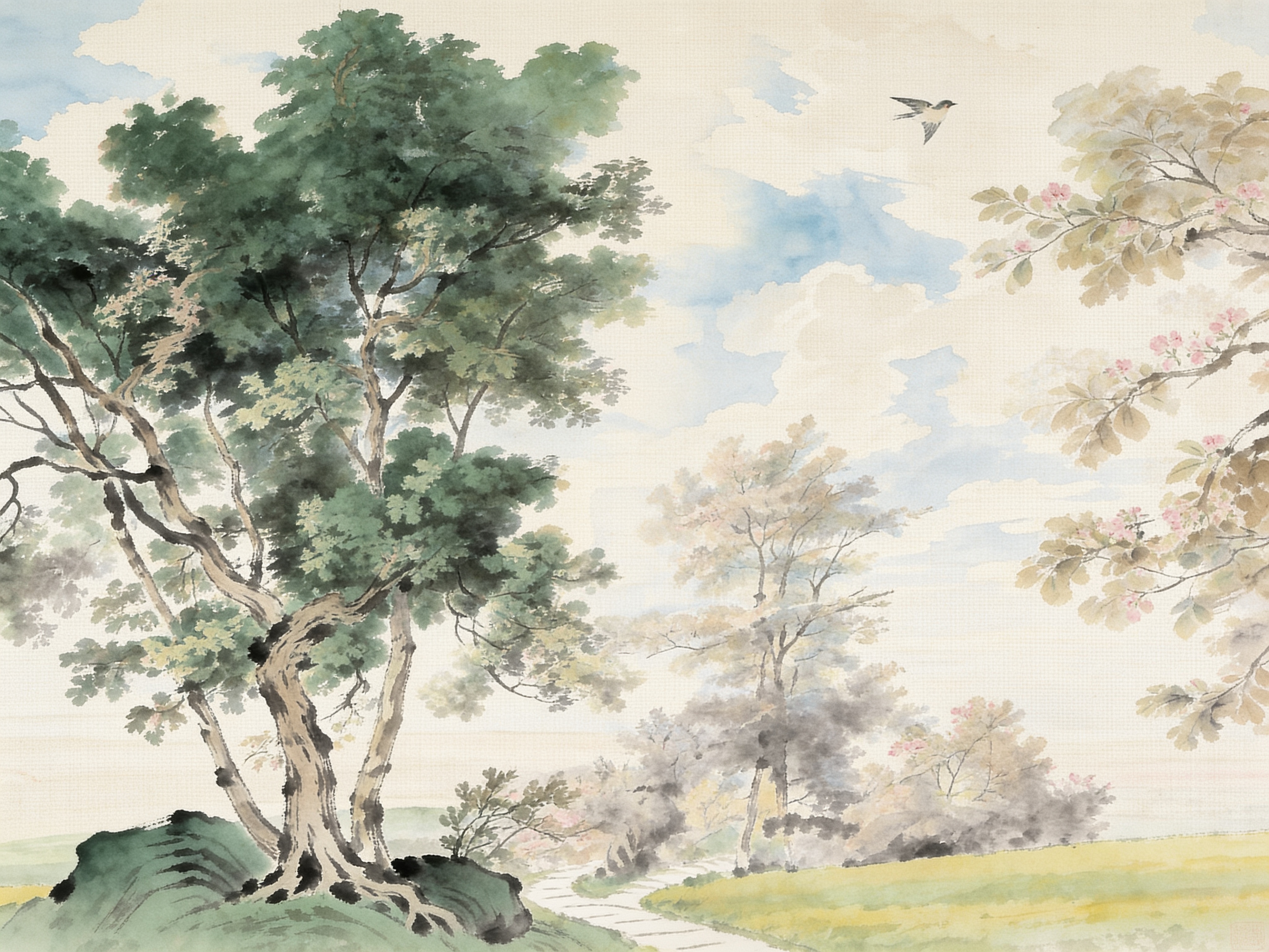Blue And Neutral A Painterly Scenic View Decorative Wallpaper Accent-wall-wallpaper-murals, Peel-and-stick Finish