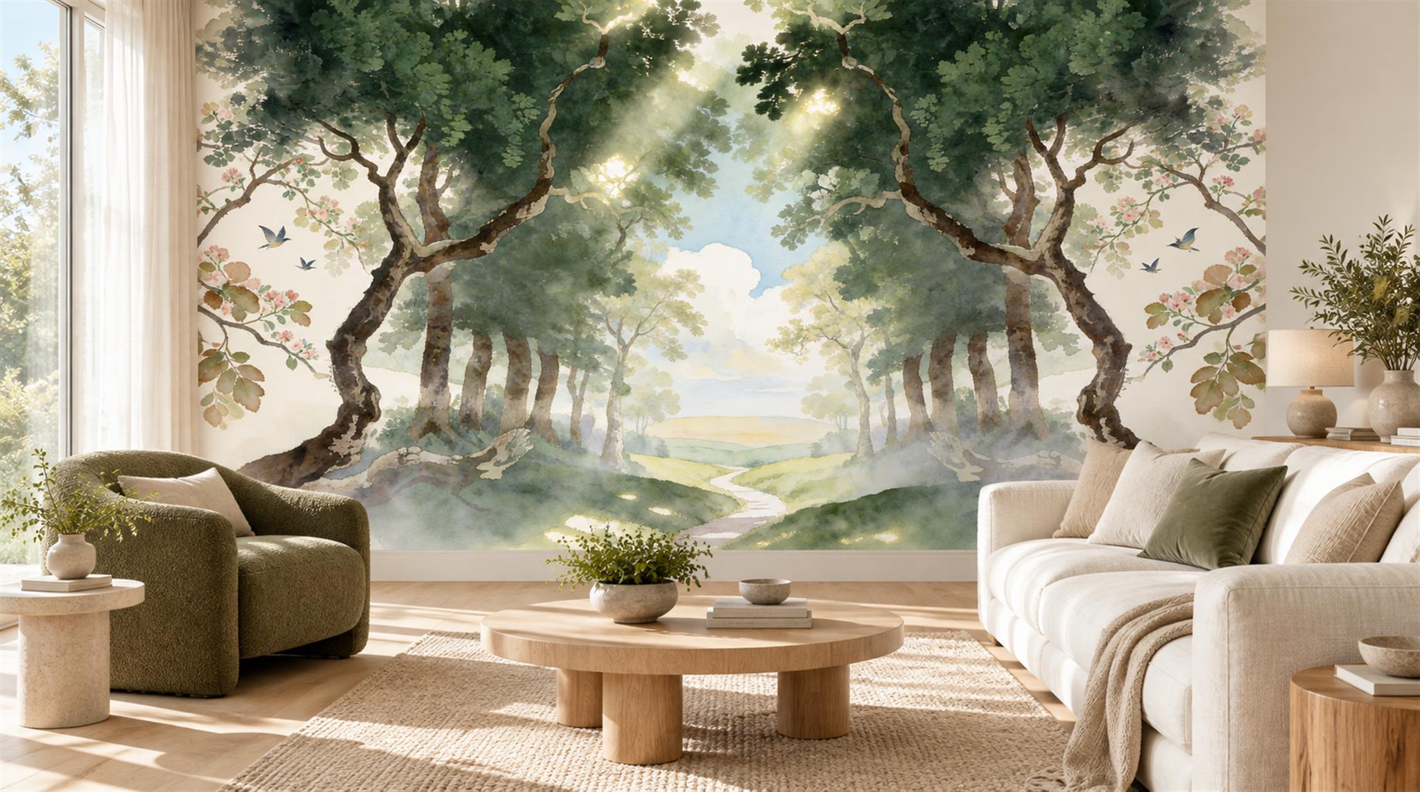 Ivory And Neutral Woodland Trees Forest Wallpaper Mural Living-room-wallpaper-murals, Shown In A Living Room, Peel-and-stick Finish