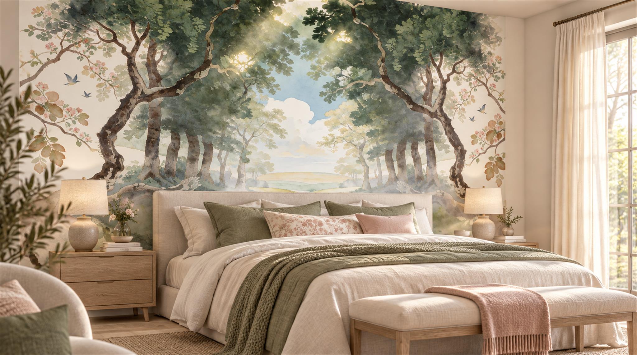 Ivory And Neutral Woodland Trees Forest Wallpaper Mural Bedroom-wallpaper-murals, Peel-and-stick Finish