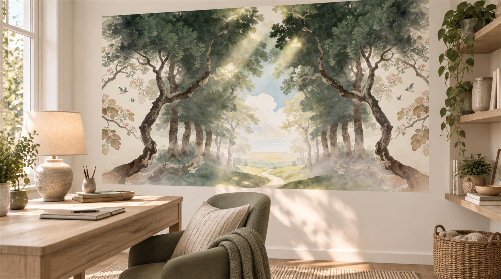 Ivory And Neutral Woodland Trees Forest Wallpaper Mural Home-office-wallpaper-murals, Shown In A Home Office, Peel-and-stick Finish