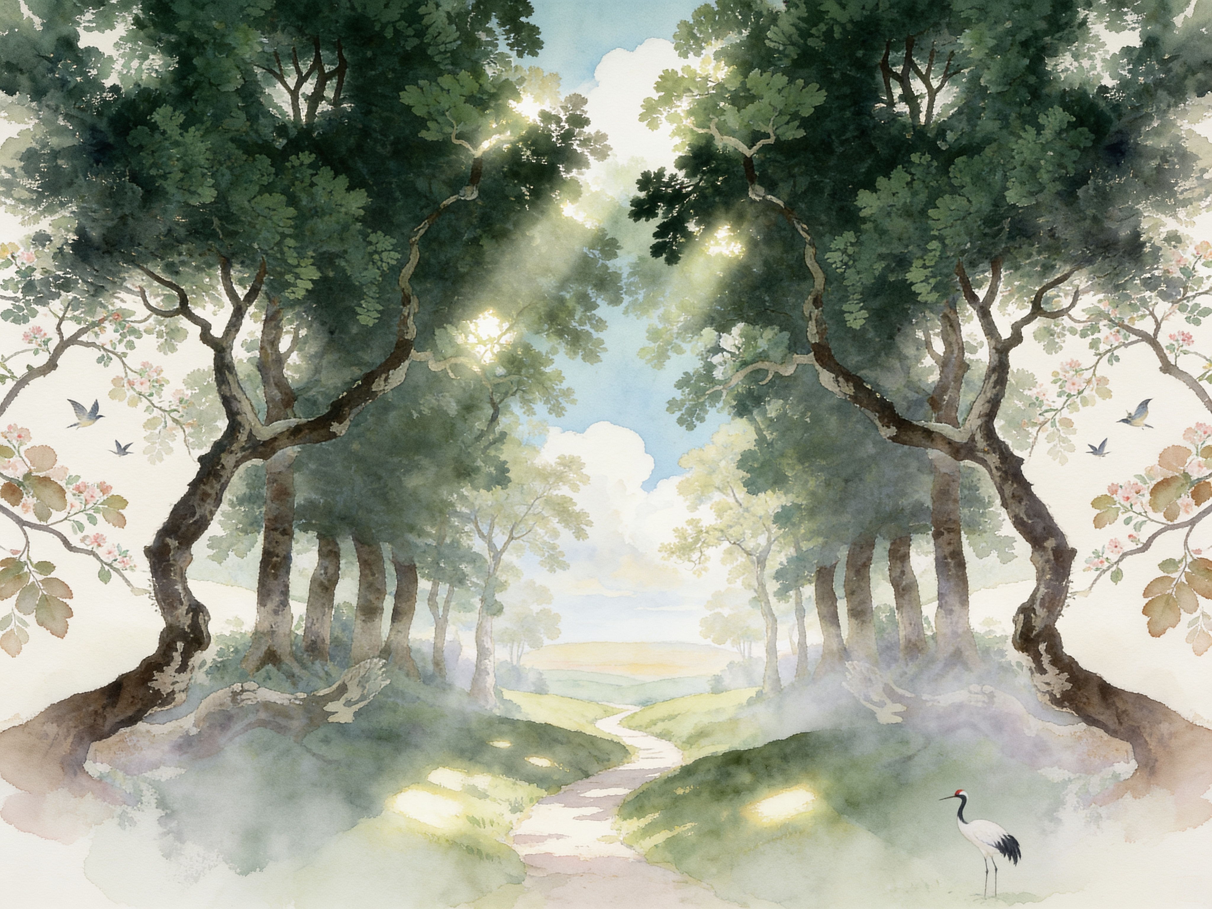 Ivory And Neutral Woodland Trees Forest Wallpaper Mural, Peel-and-stick Finish