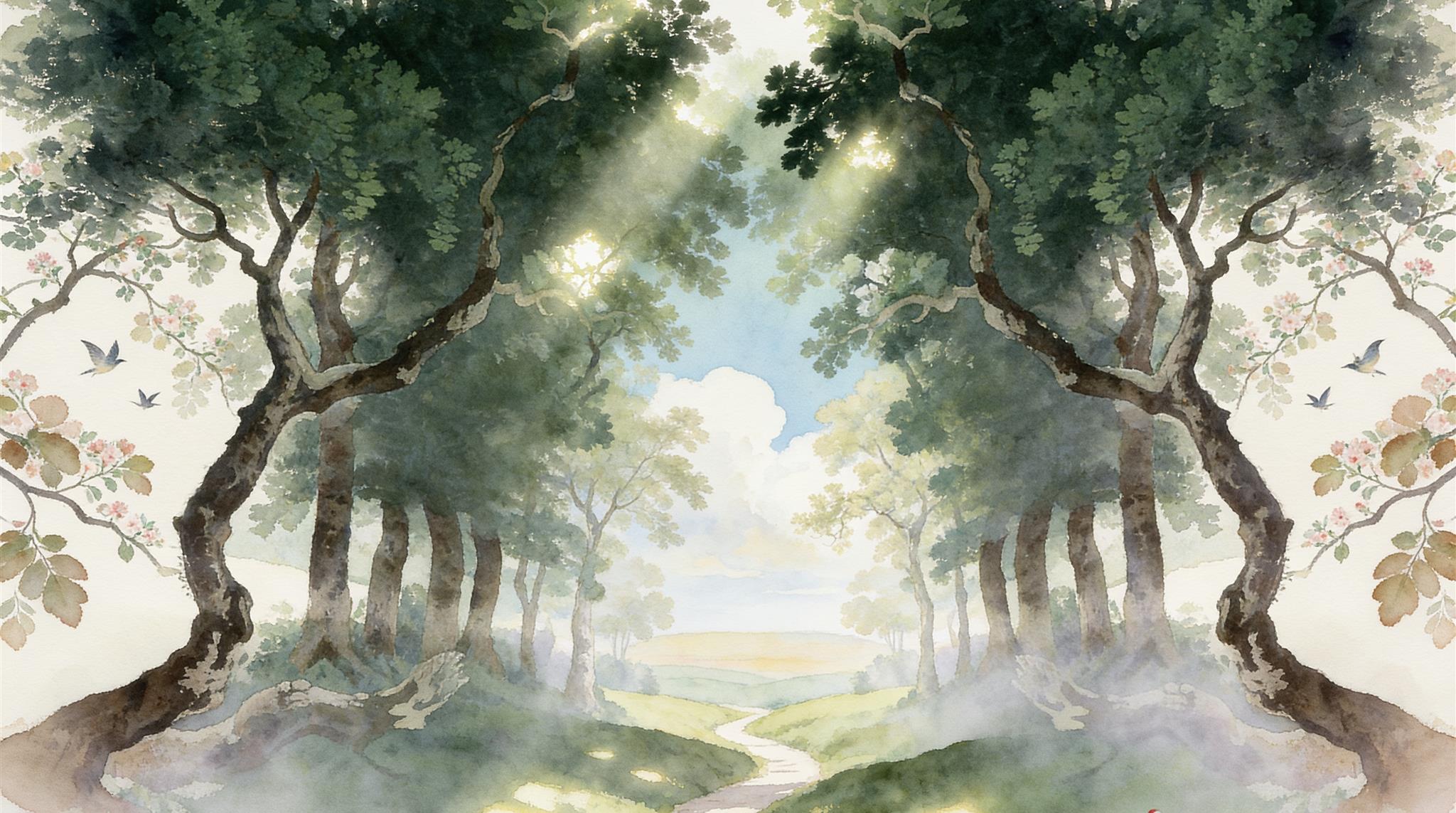 Sunlit Woodland Path Between Old Trees Wallpaper Mural — Wallpaper Mural Design, Peel-and-stick Finish