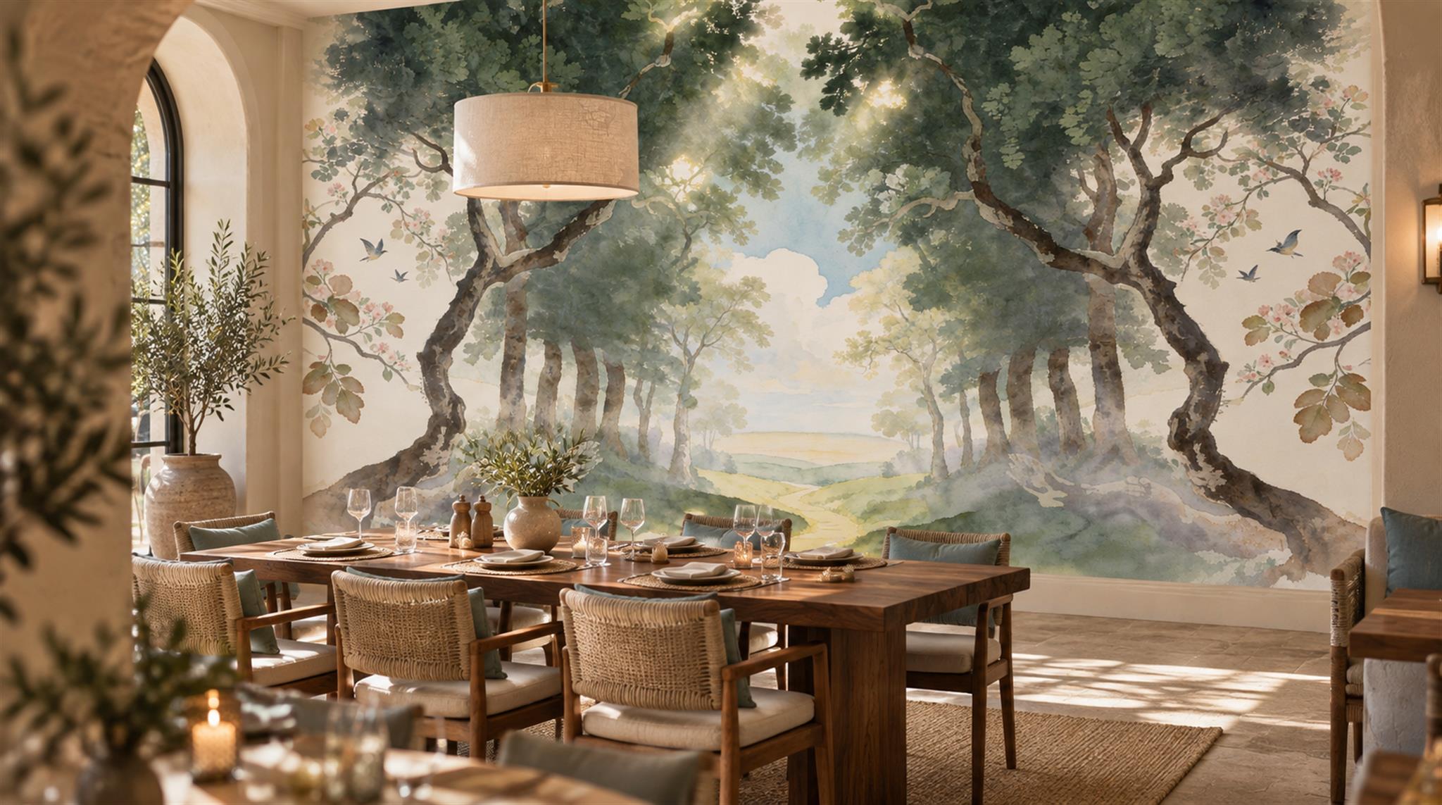Ivory And Neutral Woodland Trees Forest Wallpaper Mural Dining-room-wallpaper-murals, Shown In A Dining Room, Peel-and-stick Finish