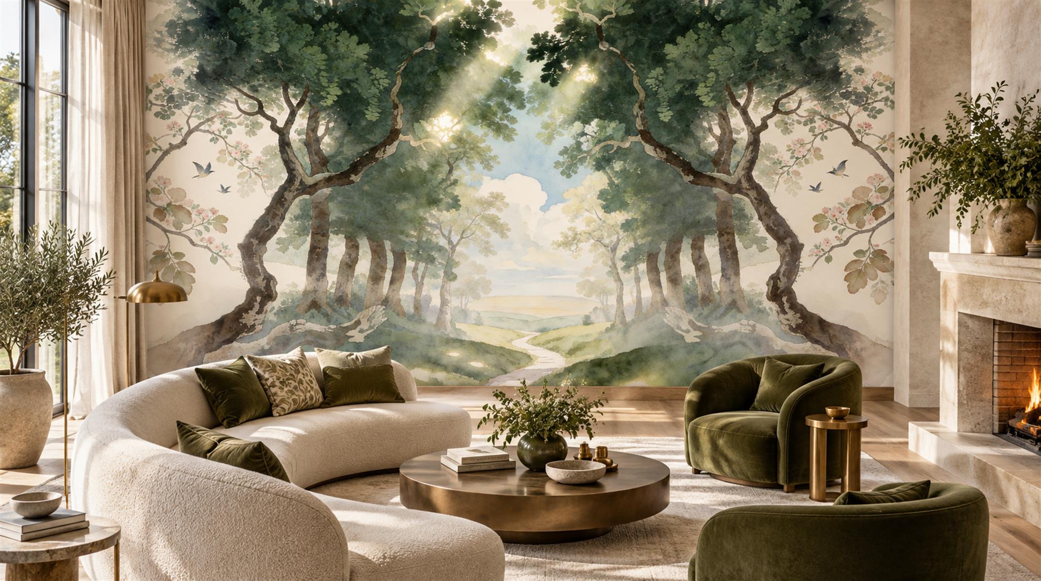 Ivory And Neutral Woodland Trees Forest Wallpaper Mural, Peel-and-stick Finish