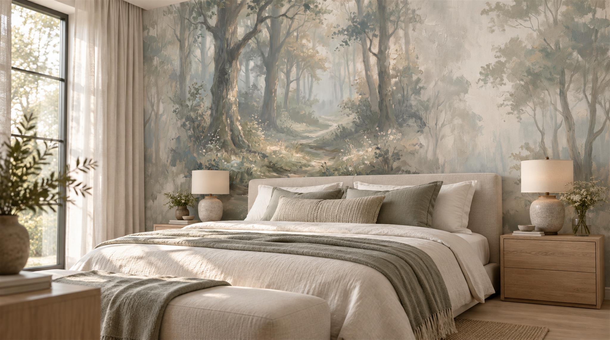 Ivory And Neutral Abstract Forms Organic Wallpaper Mural Bedroom-wallpaper-murals, Peel-and-stick Finish