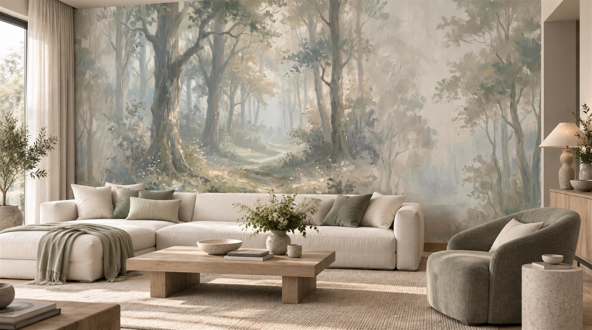 Ivory And Neutral Abstract Forms Organic Wallpaper Mural Living-room-wallpaper-murals, Shown In A Living Room, Peel-and-stick Finish