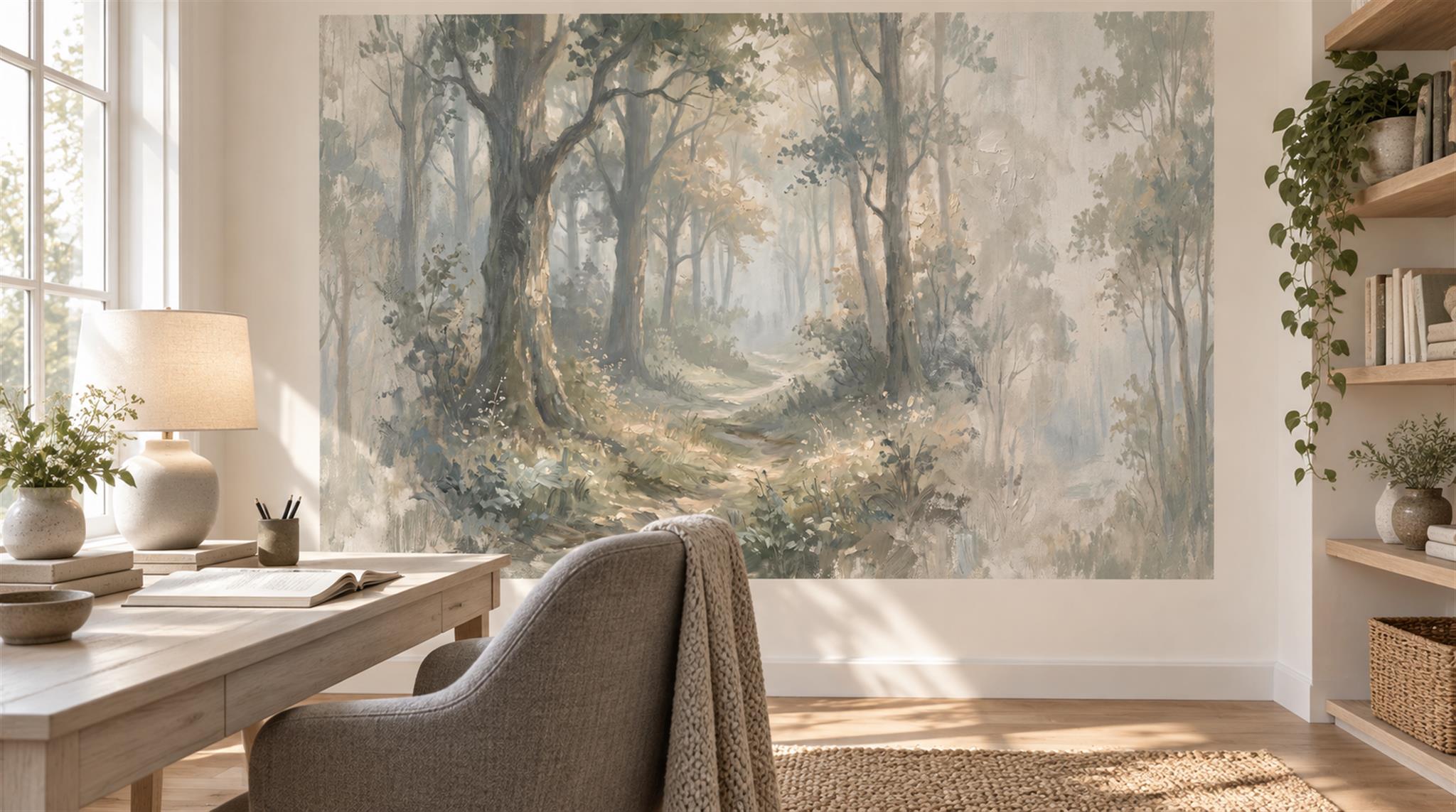 Ivory And Neutral Abstract Forms Organic Wallpaper Mural Home-office-wallpaper-murals, Shown In A Home Office, Peel-and-stick Finish