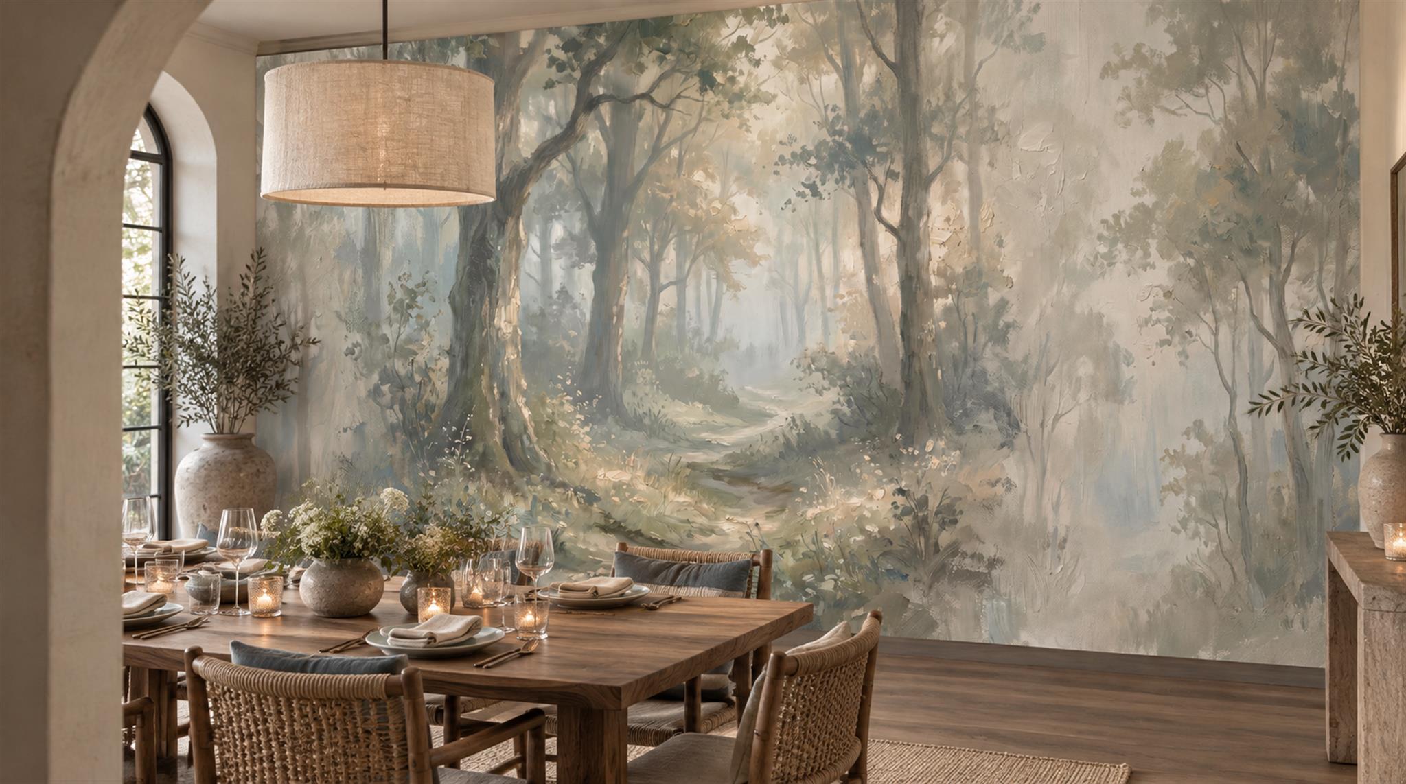 Ivory And Neutral Abstract Forms Organic Wallpaper Mural Dining-room-wallpaper-murals, Shown In A Dining Room, Peel-and-stick Finish