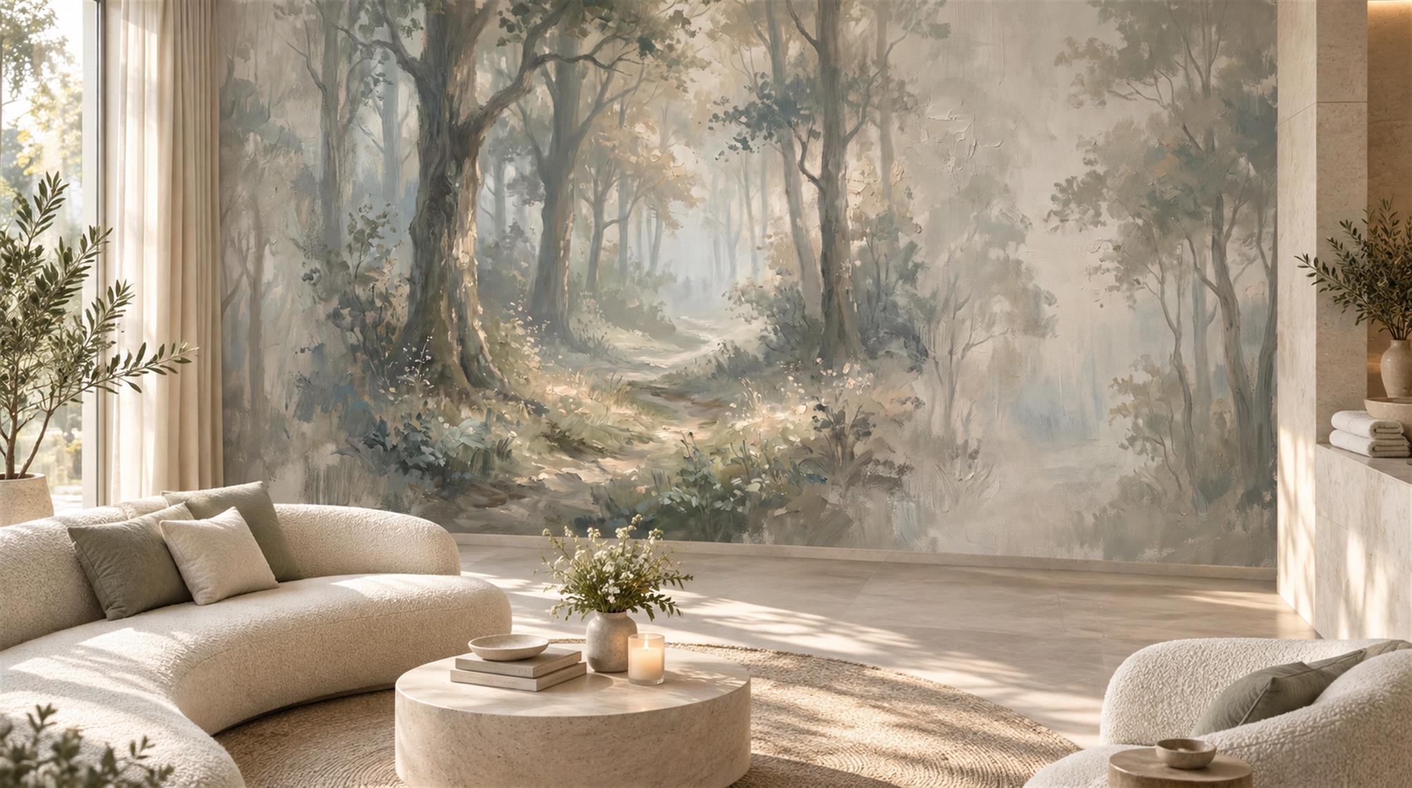 Ivory And Neutral Abstract Forms Organic Wallpaper Mural Accent-wall-wallpaper-murals, Peel-and-stick Finish