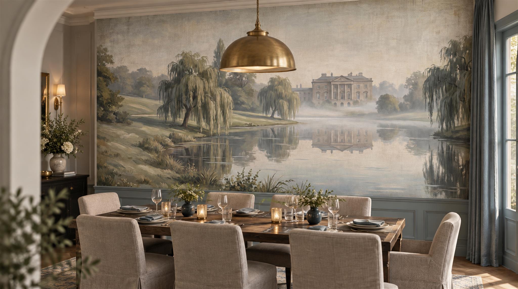 Tan And Neutral Abstract Forms Linear Textured Wallpaper Mural Dining-room-wallpaper-murals, Shown In A Dining Room, Peel-and-stick Finish