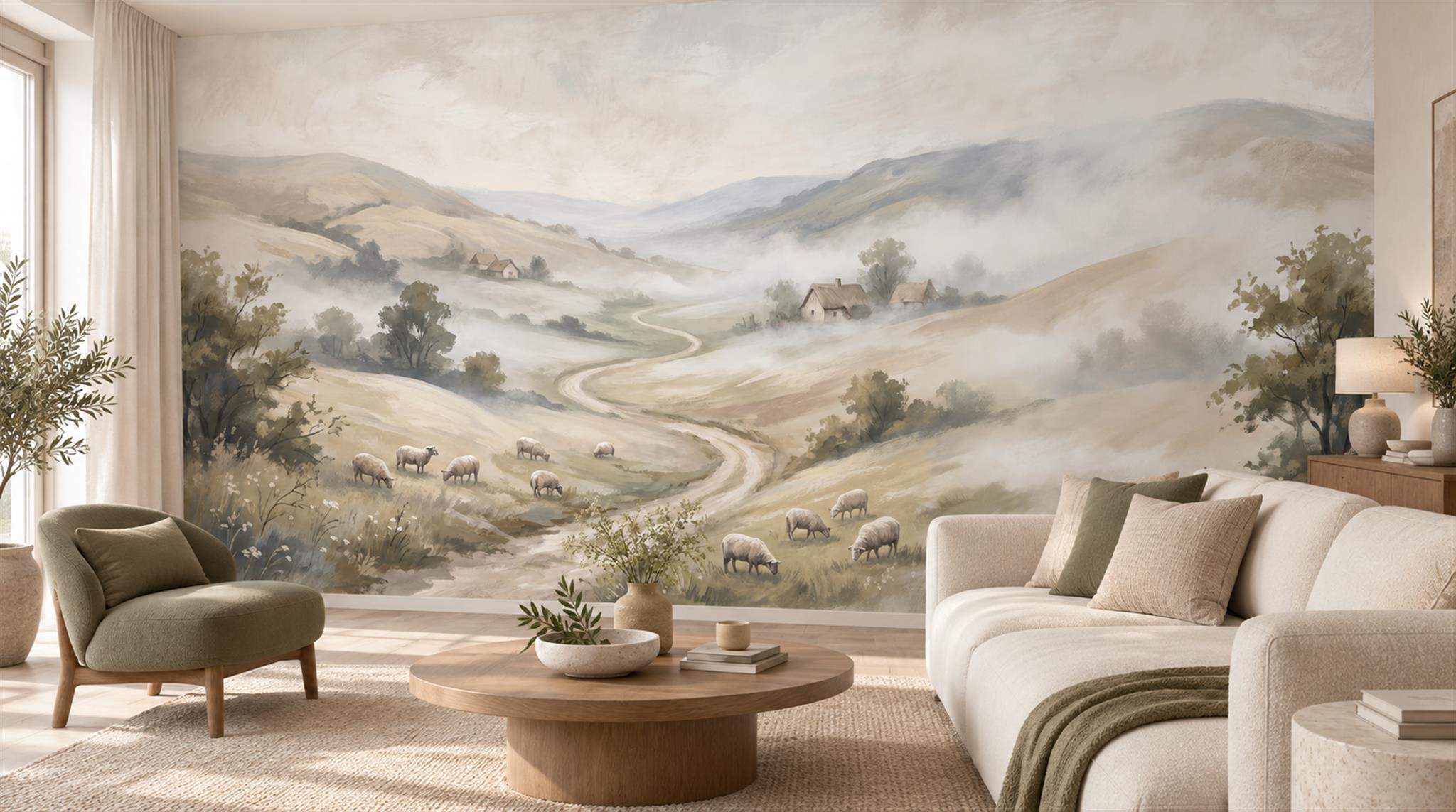 Ivory And Neutral A Painterly Scenic View Illustrated Wallpaper Living-room-wallpaper-murals, Shown In A Living Room, Peel-and-stick Finish