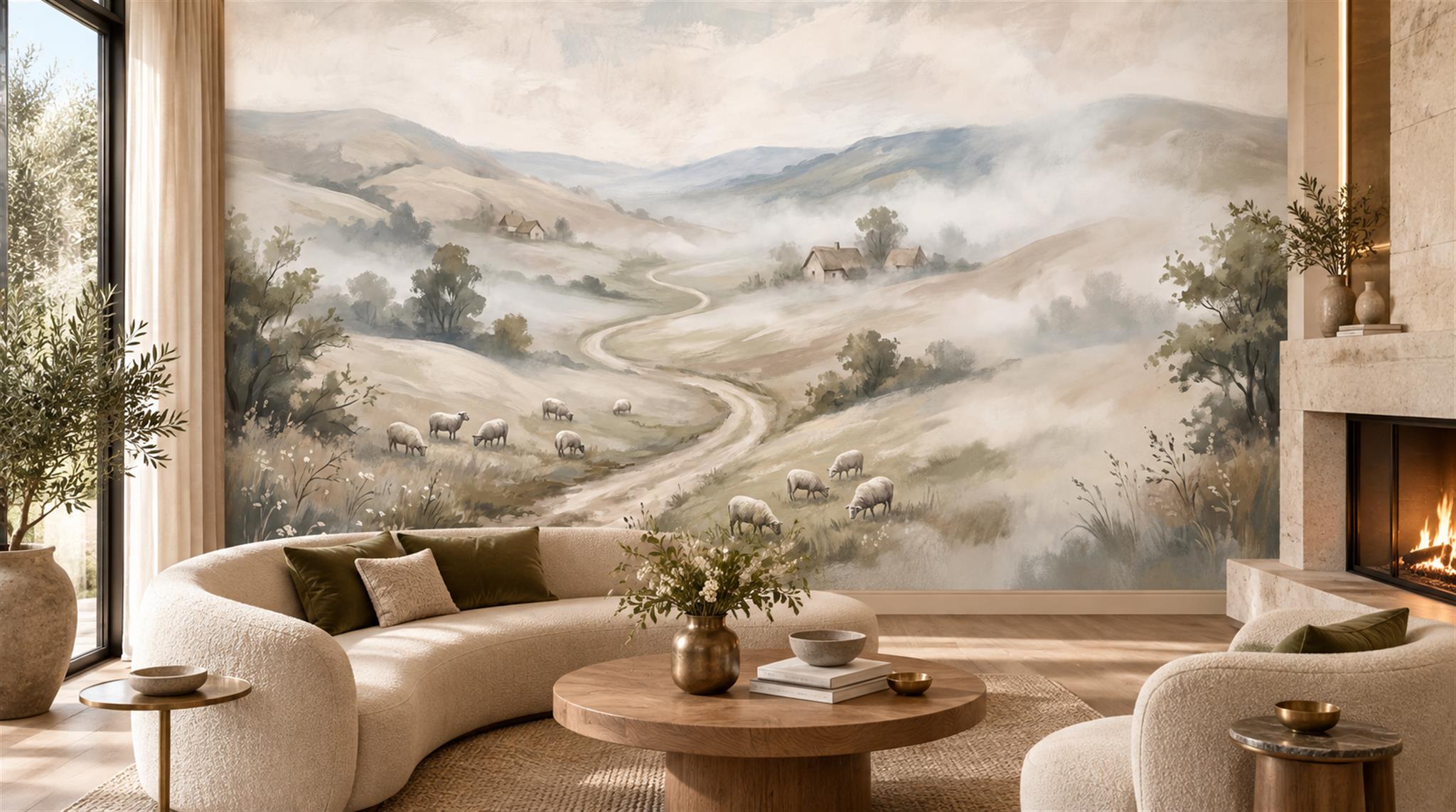 Misty Hillside Sheep And Country Path Wallpaper Mural — Wallpaper Mural Design, Peel-and-stick Finish