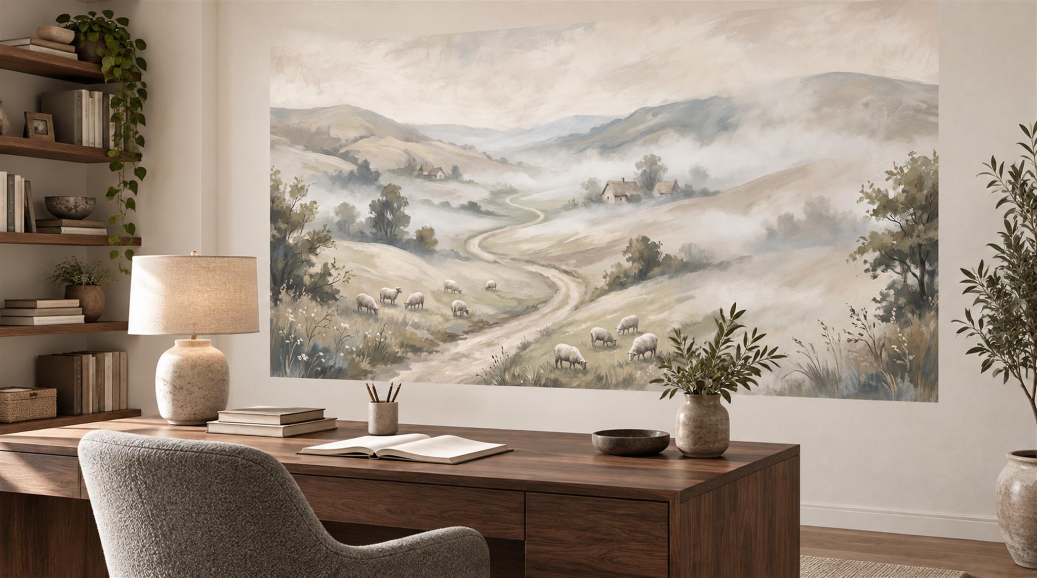 Ivory And Neutral A Painterly Scenic View Illustrated Wallpaper Home-office-wallpaper-murals, Shown In A Home Office, Peel-and-stick Finish